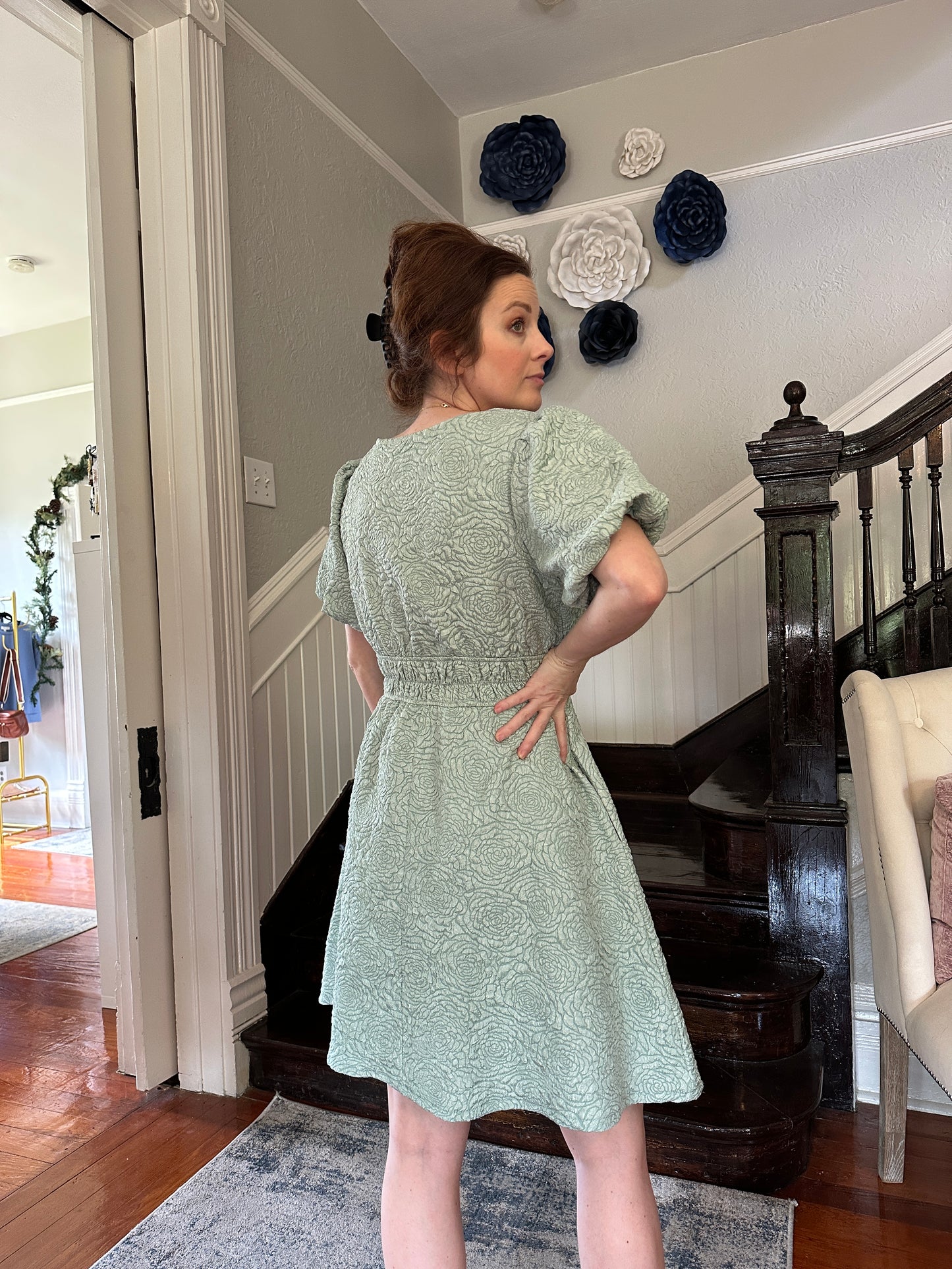 Sage flower puff sleeve dress