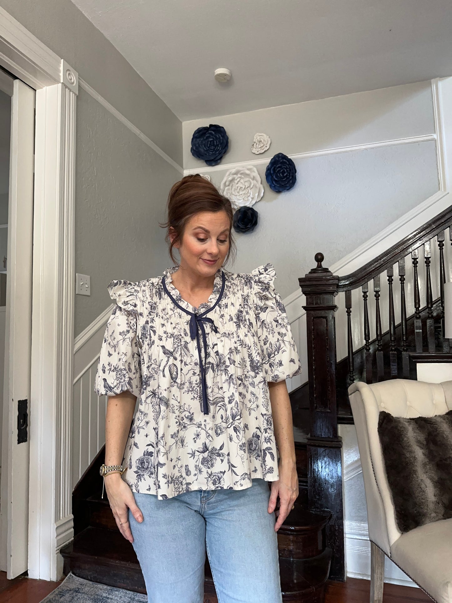Navy Floral Half Sleeve Ruffled Top