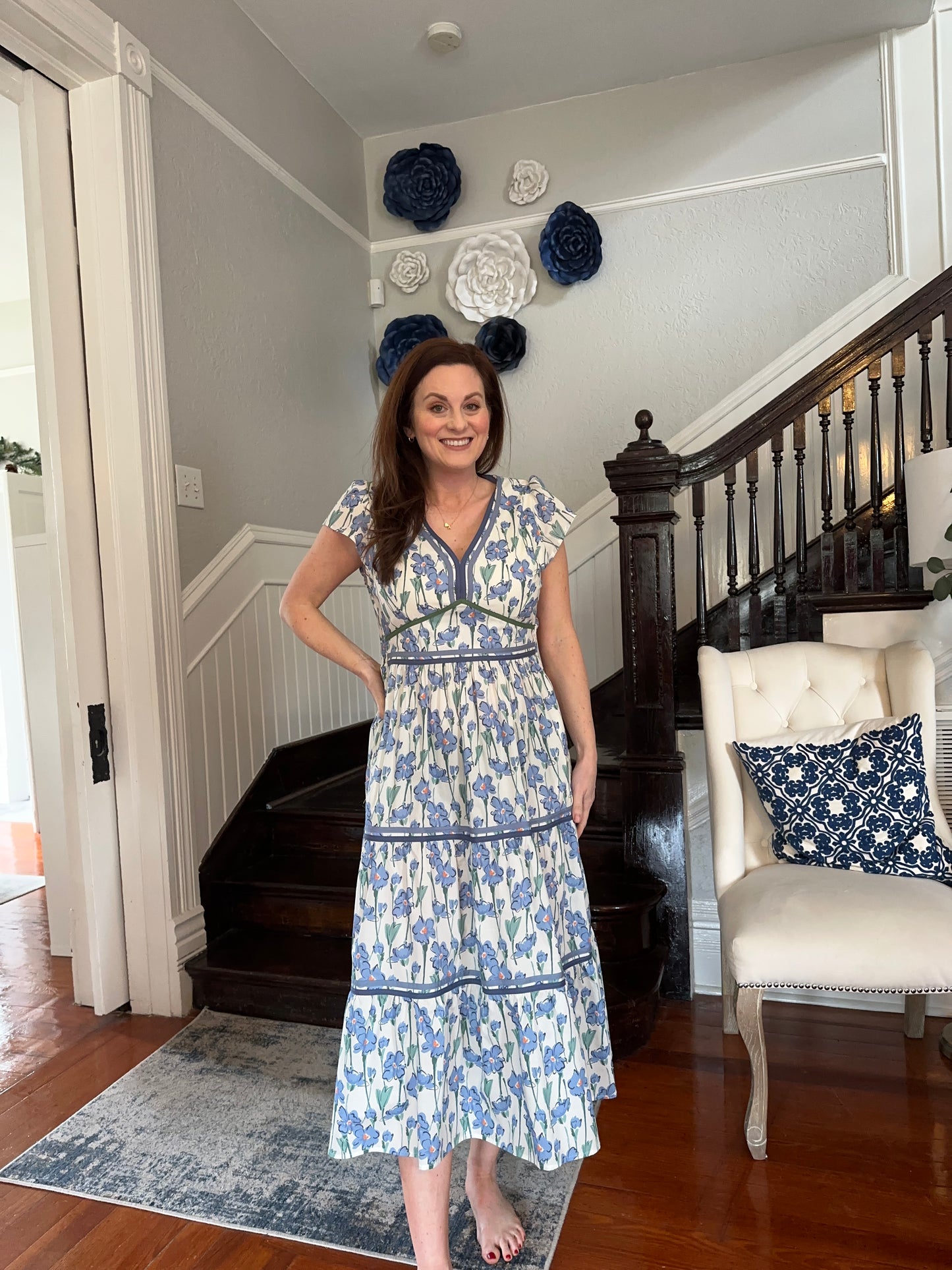 Blue Floral Tier Midi Dress