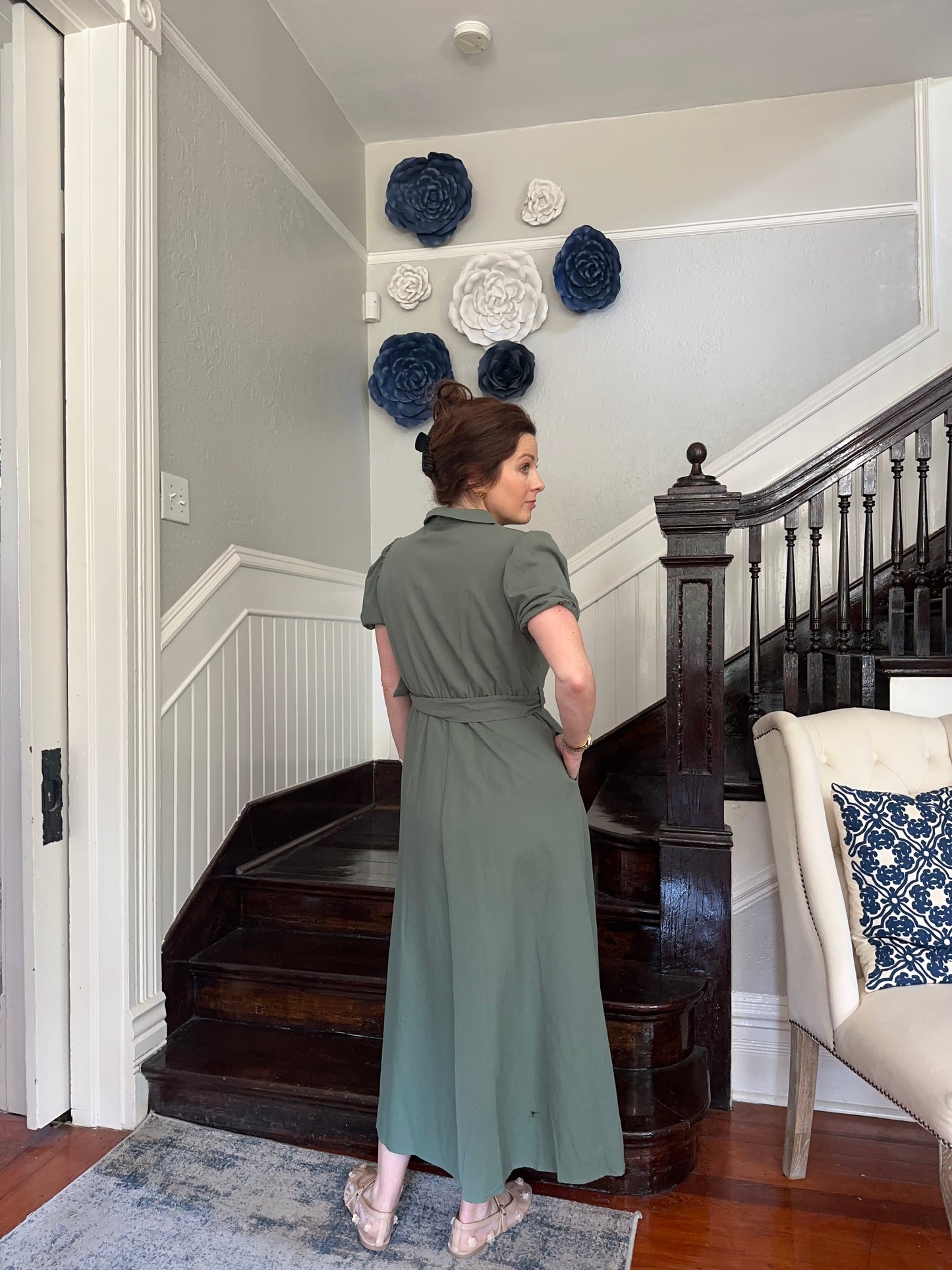 Olive Green Belted Midi Dress
