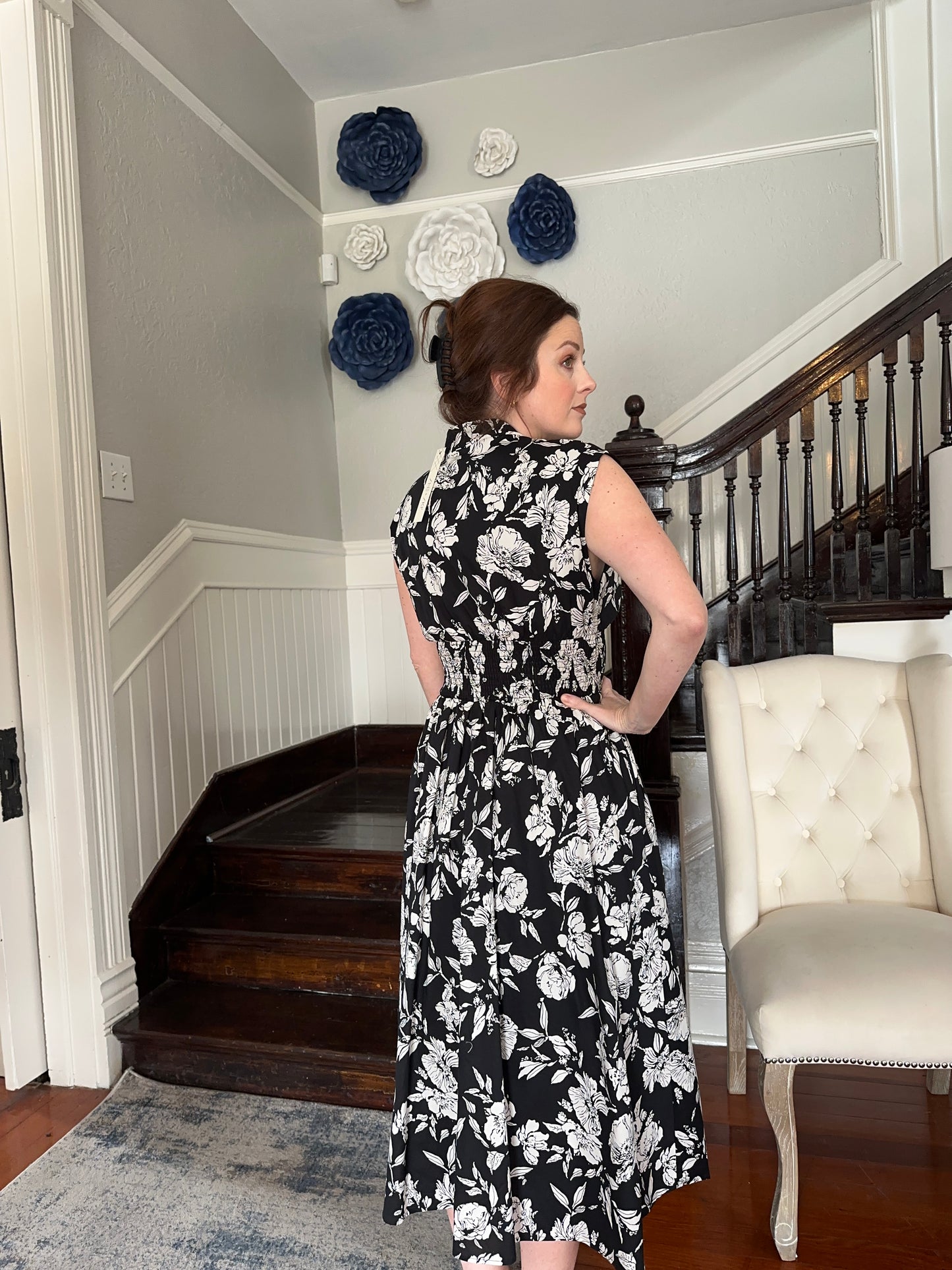 Black White Floral Midi Zip Dress