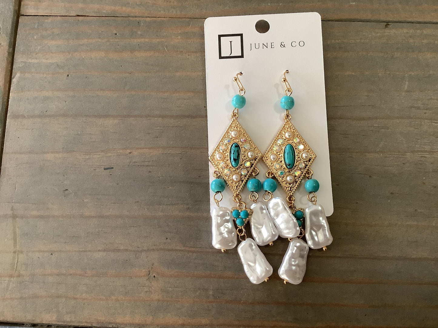 Turquoise, pearl and crystal drop earrings