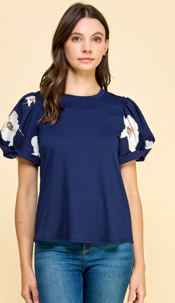 Navy floral puff sleeve top