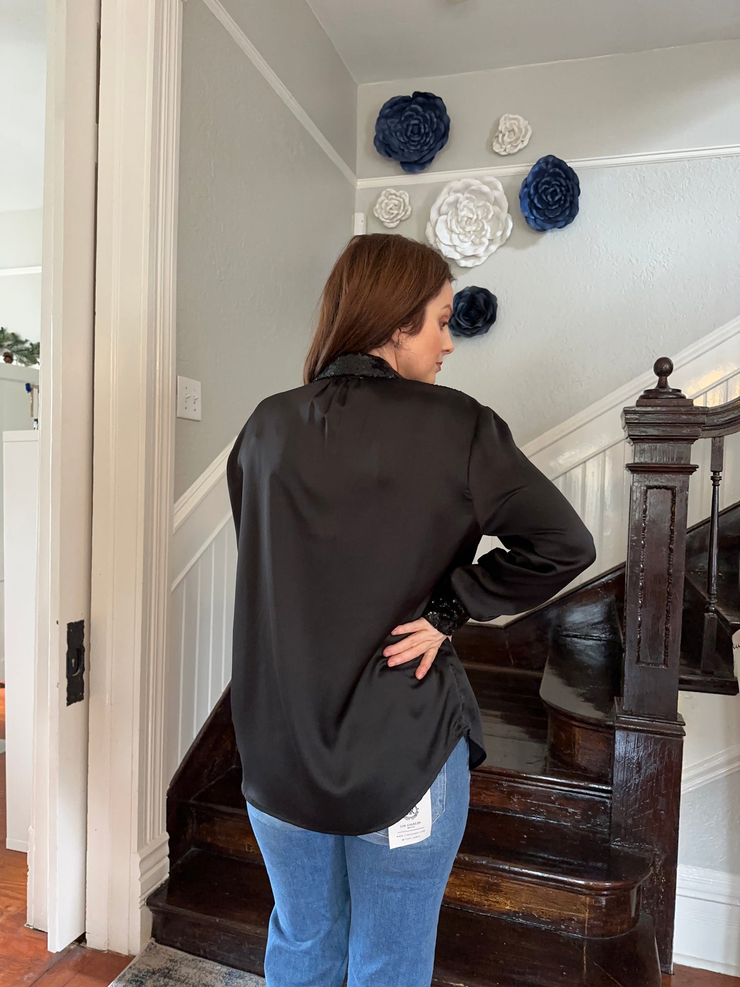 Black Sequin Satin Blouse