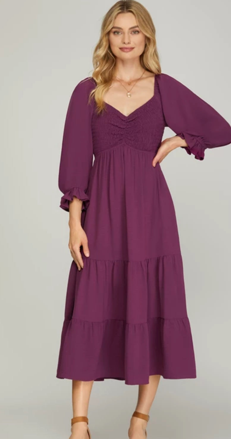 Wine Smocked Midi dress