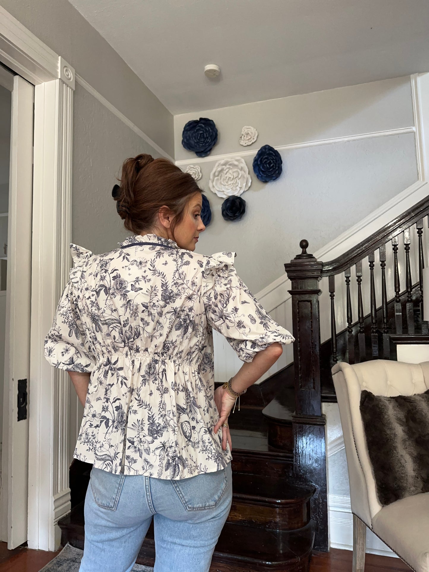 Navy Floral Half Sleeve Ruffled Top