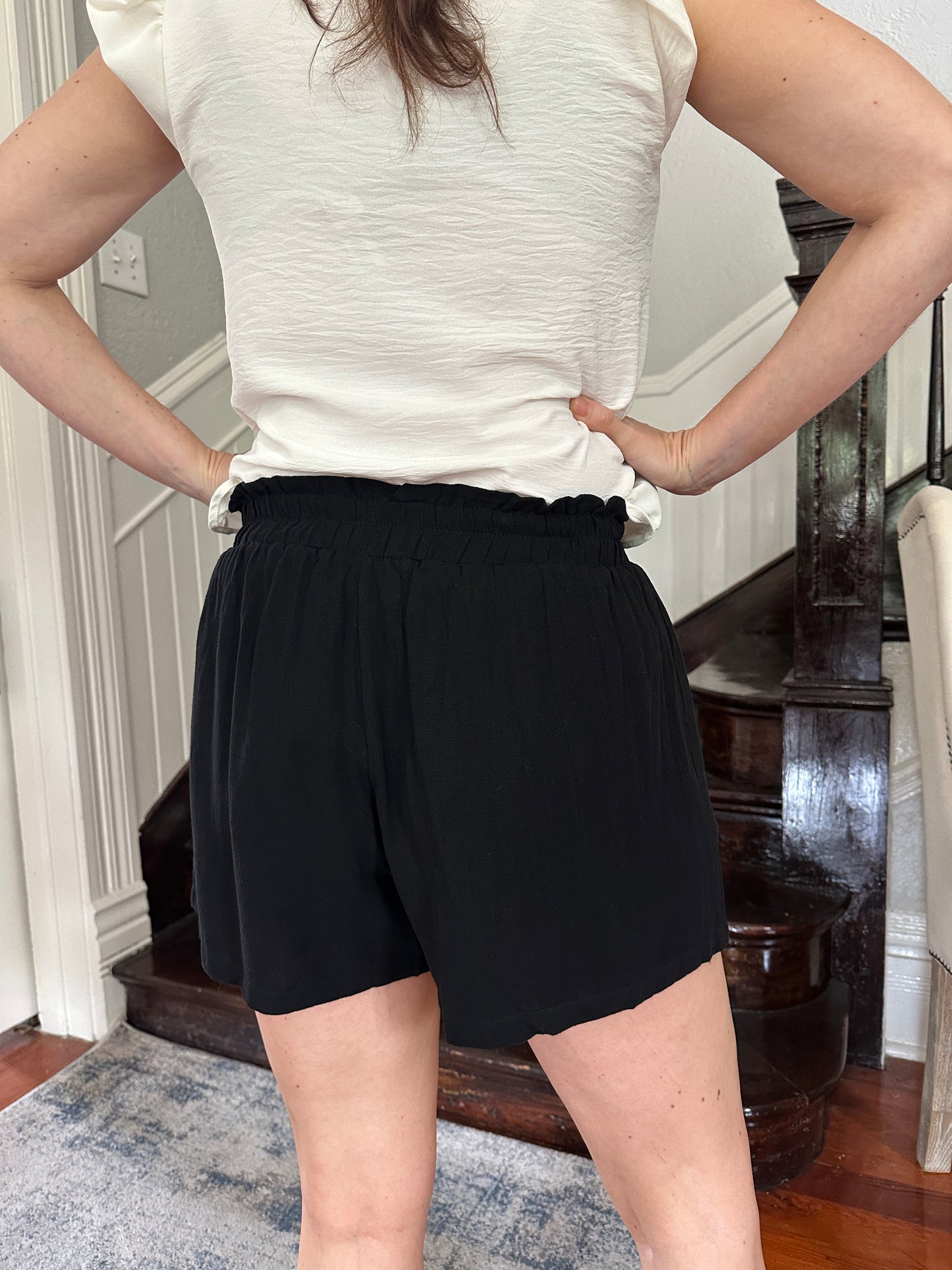 Black Linen Buckle Shorts