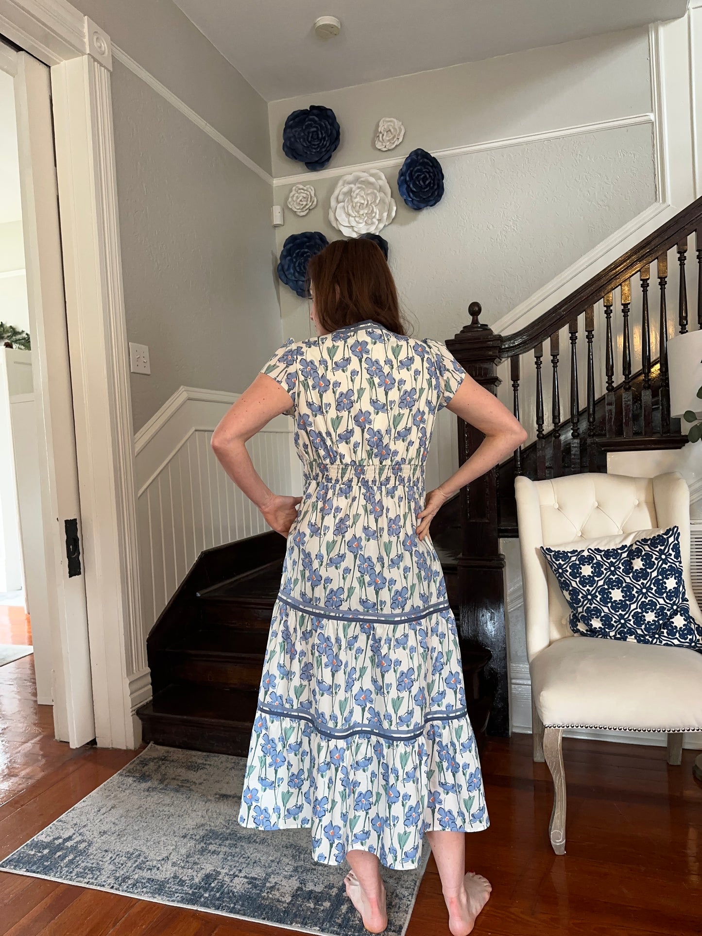 Blue Floral Tier Midi Dress