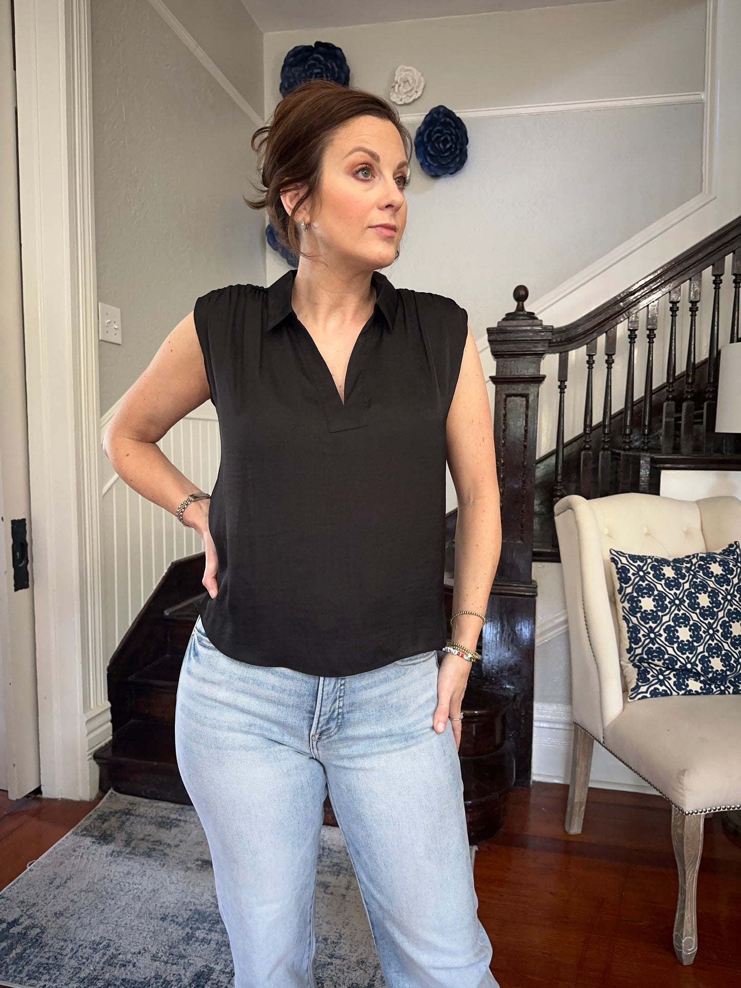 Black Sleeveless Collared Blouse