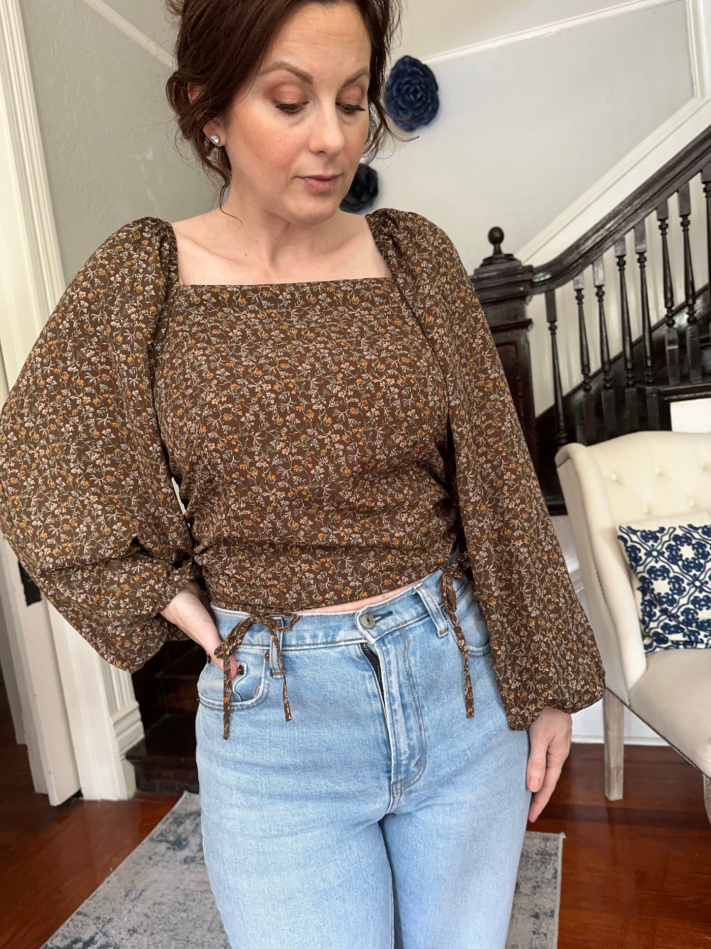 Brown Floral Long Sleeve Top