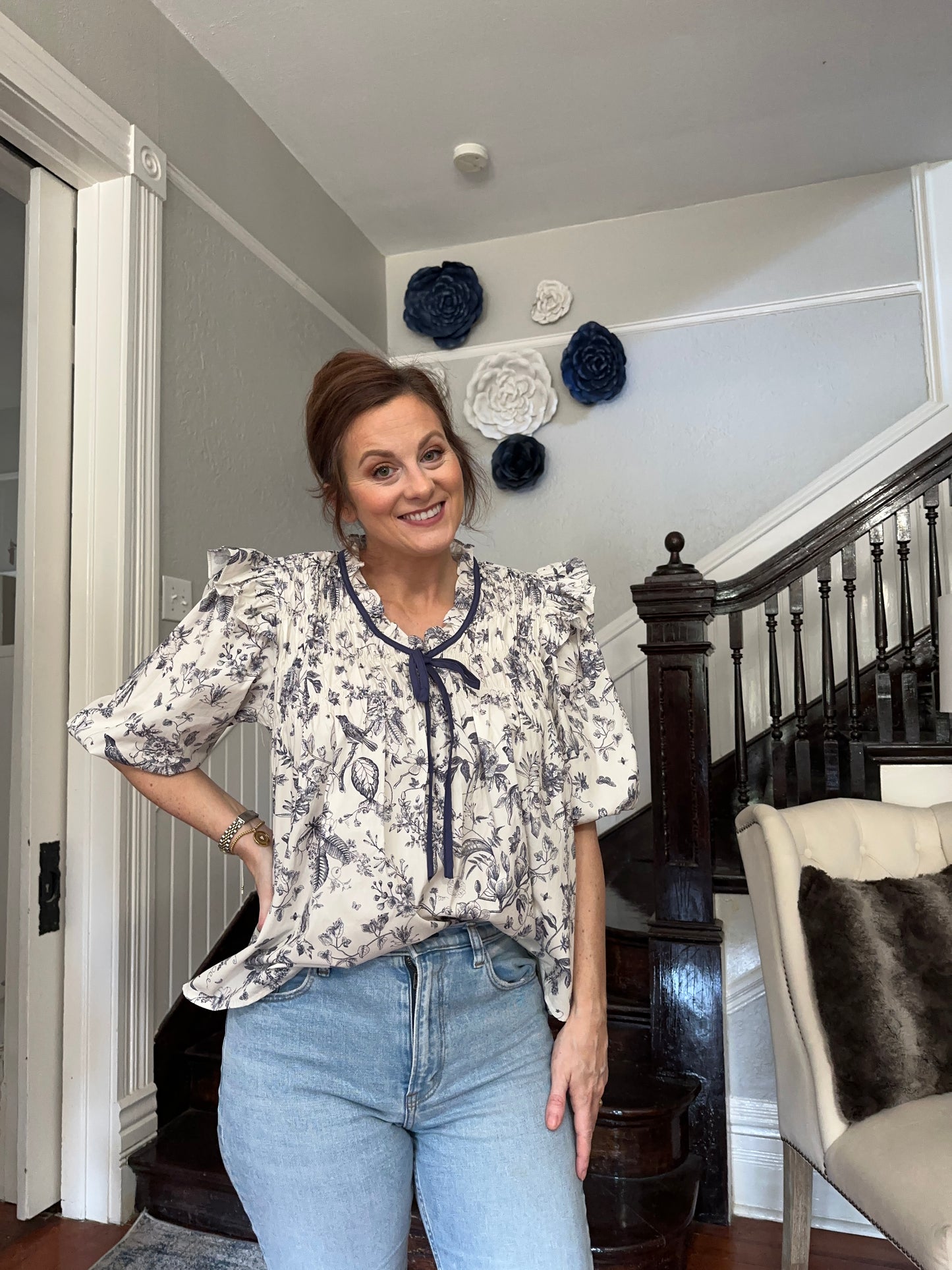 Navy Floral Half Sleeve Ruffled Top