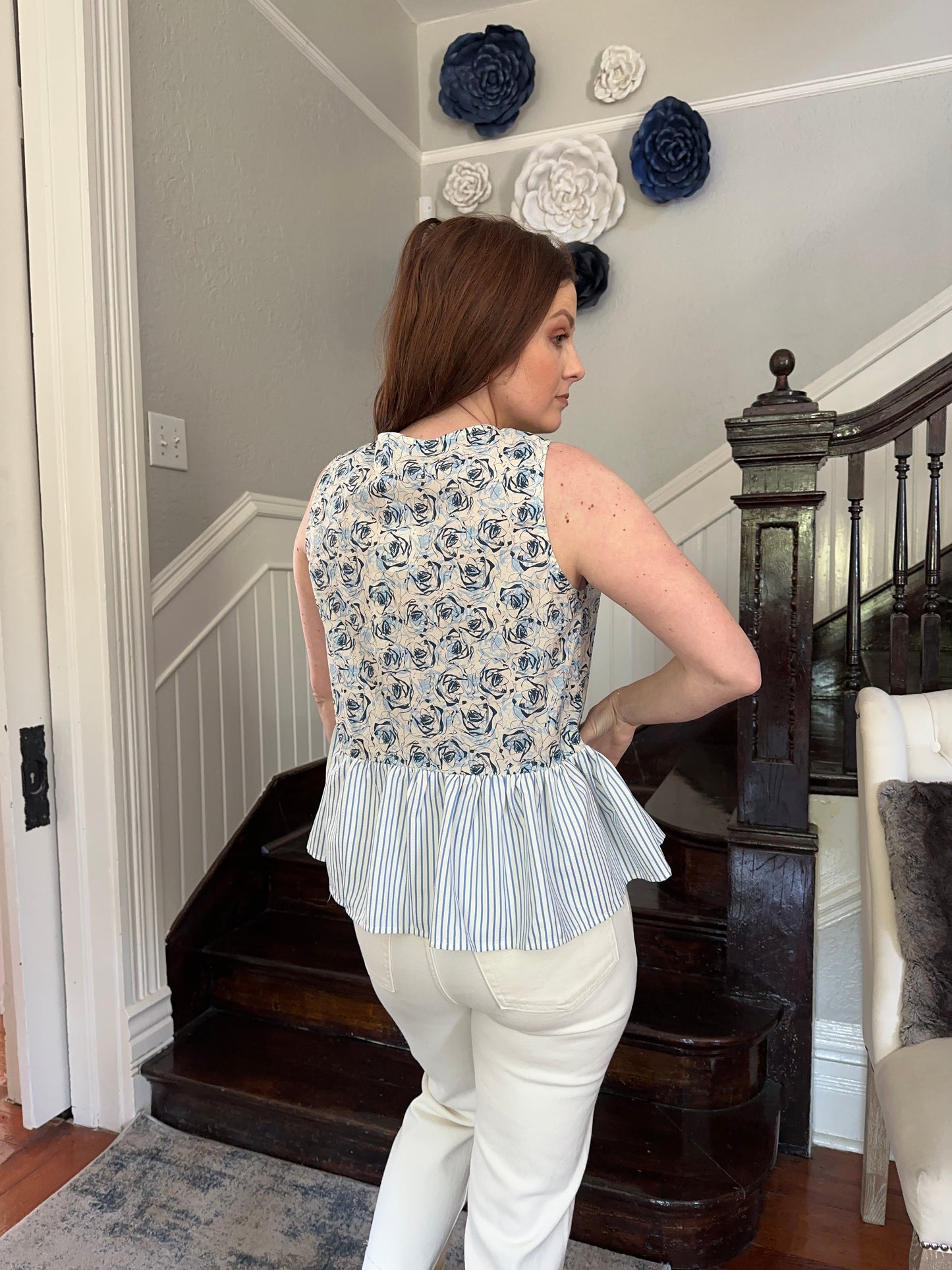 Blue Floral/striped Tie front top