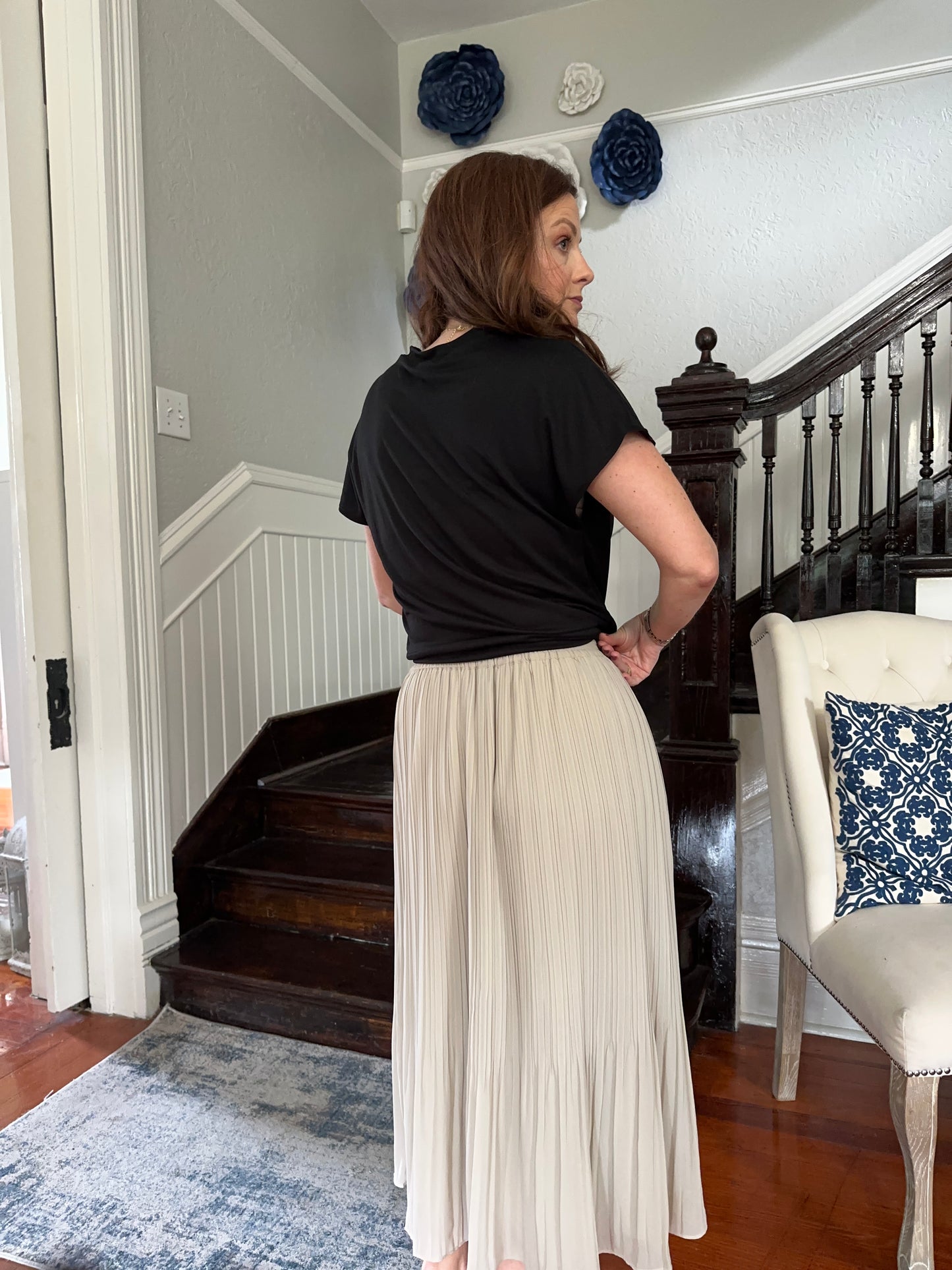 Beige Pleated Midi Skirt