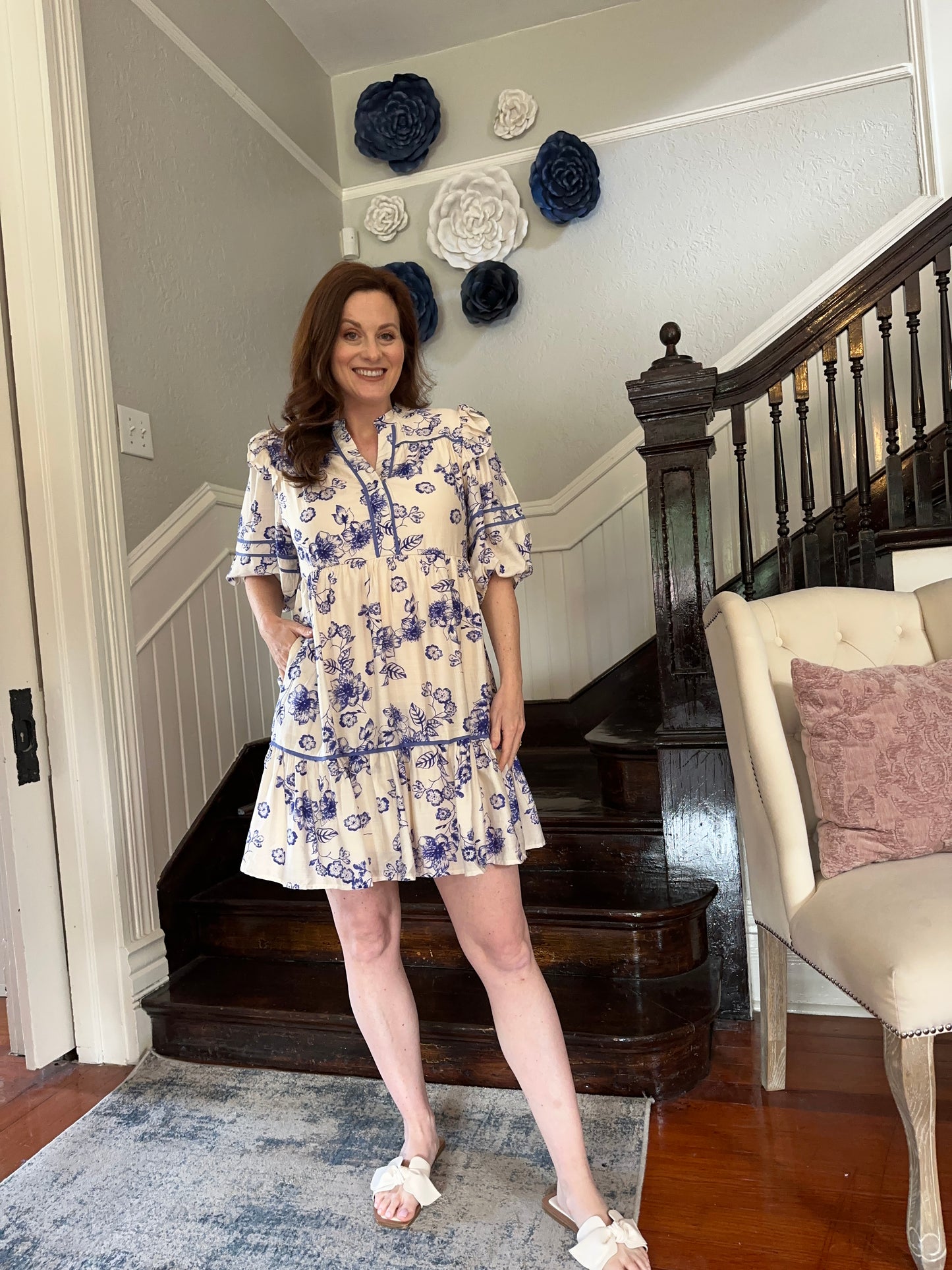 Tan and royal blue floral mini dress