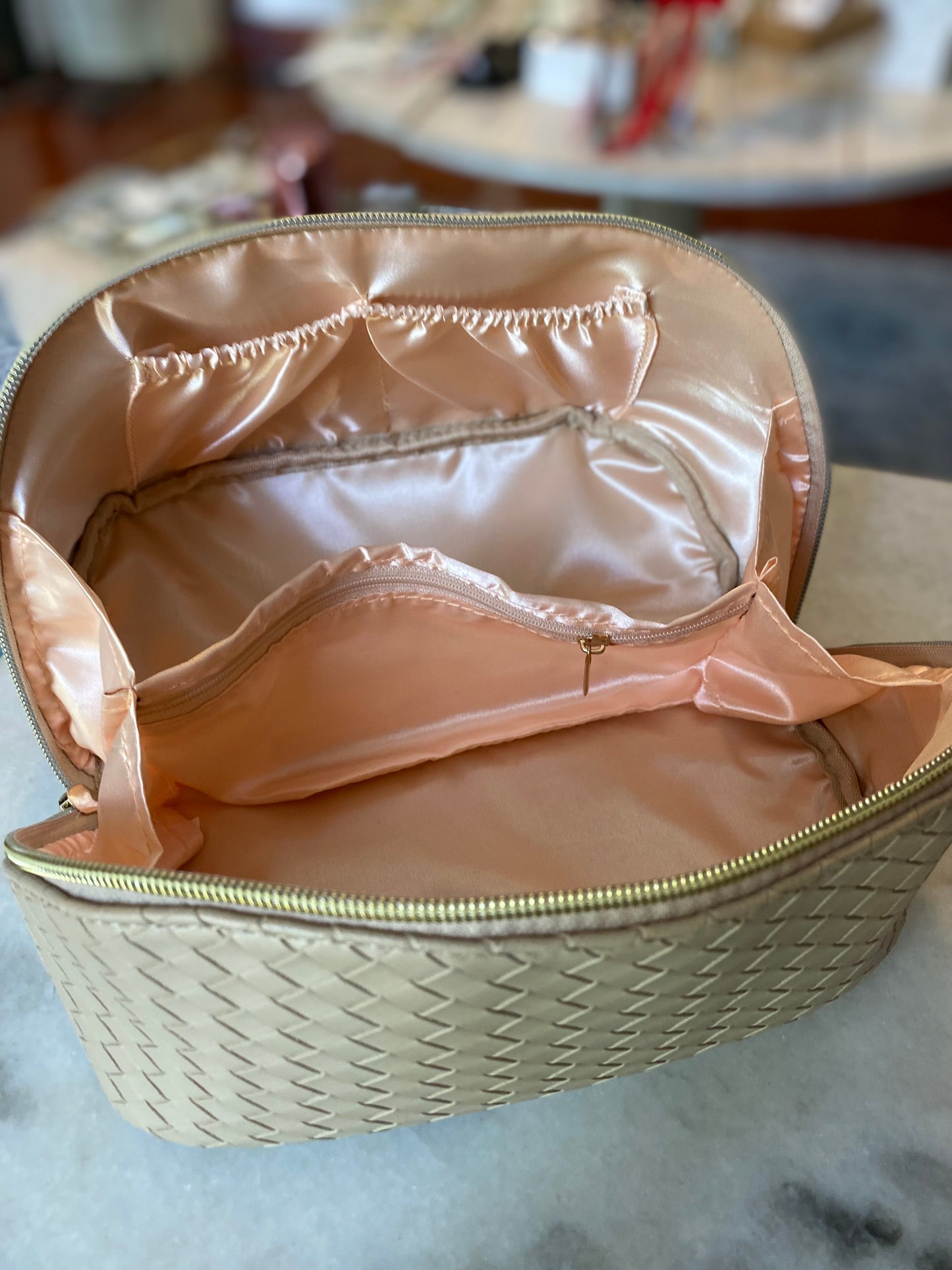 Beige Woven Vegan Leather Cosmetic bag