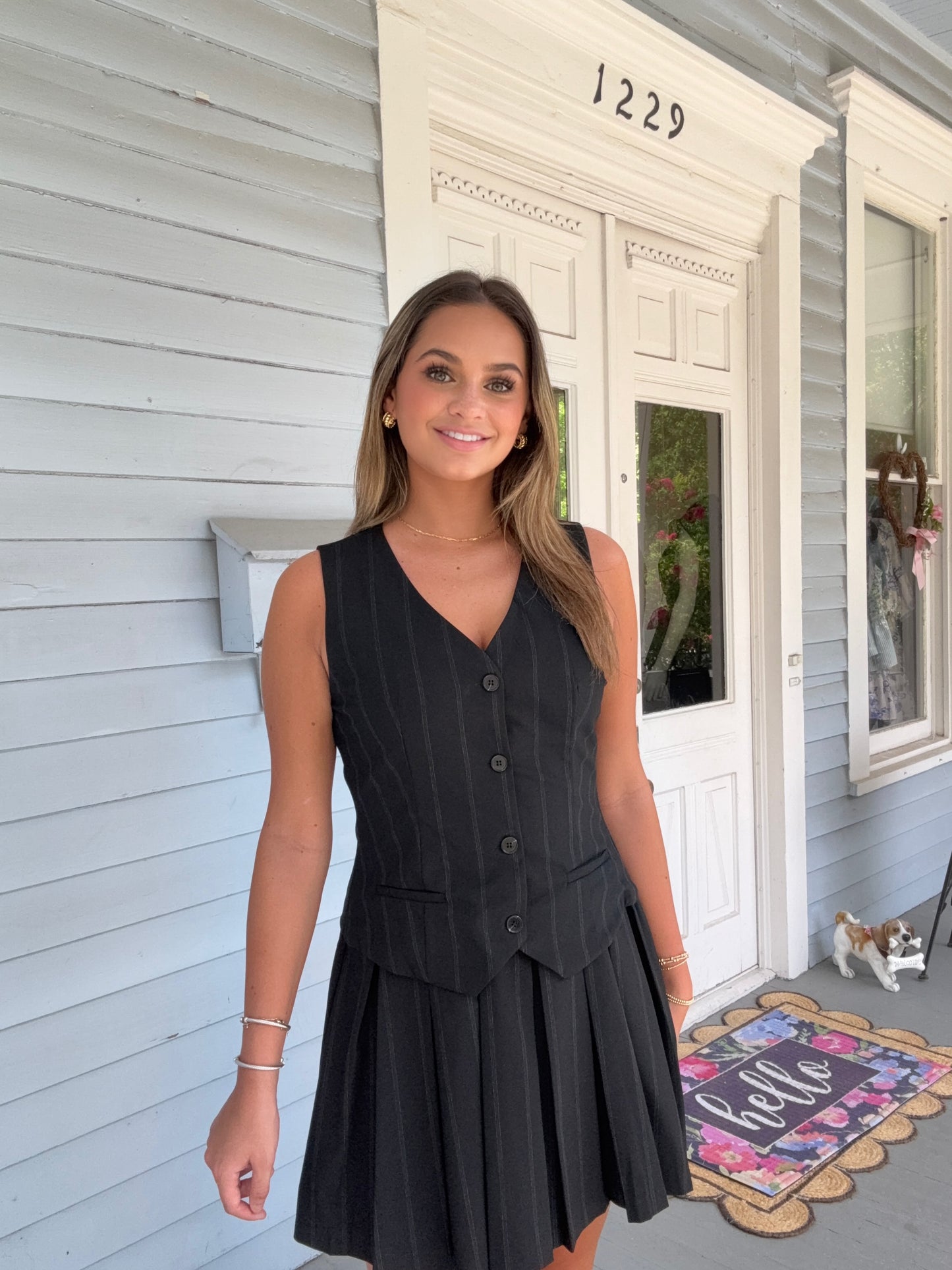 Black Striped Vest, Pleated Mini Dress