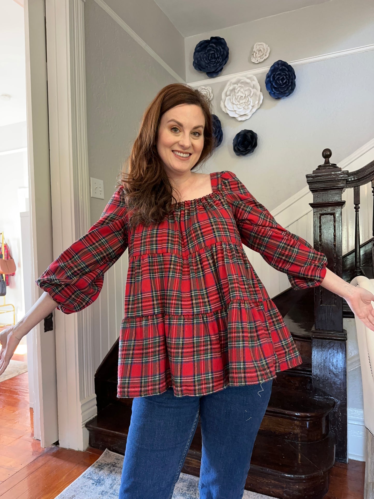 Red Plaid Tiered Square Neck Top