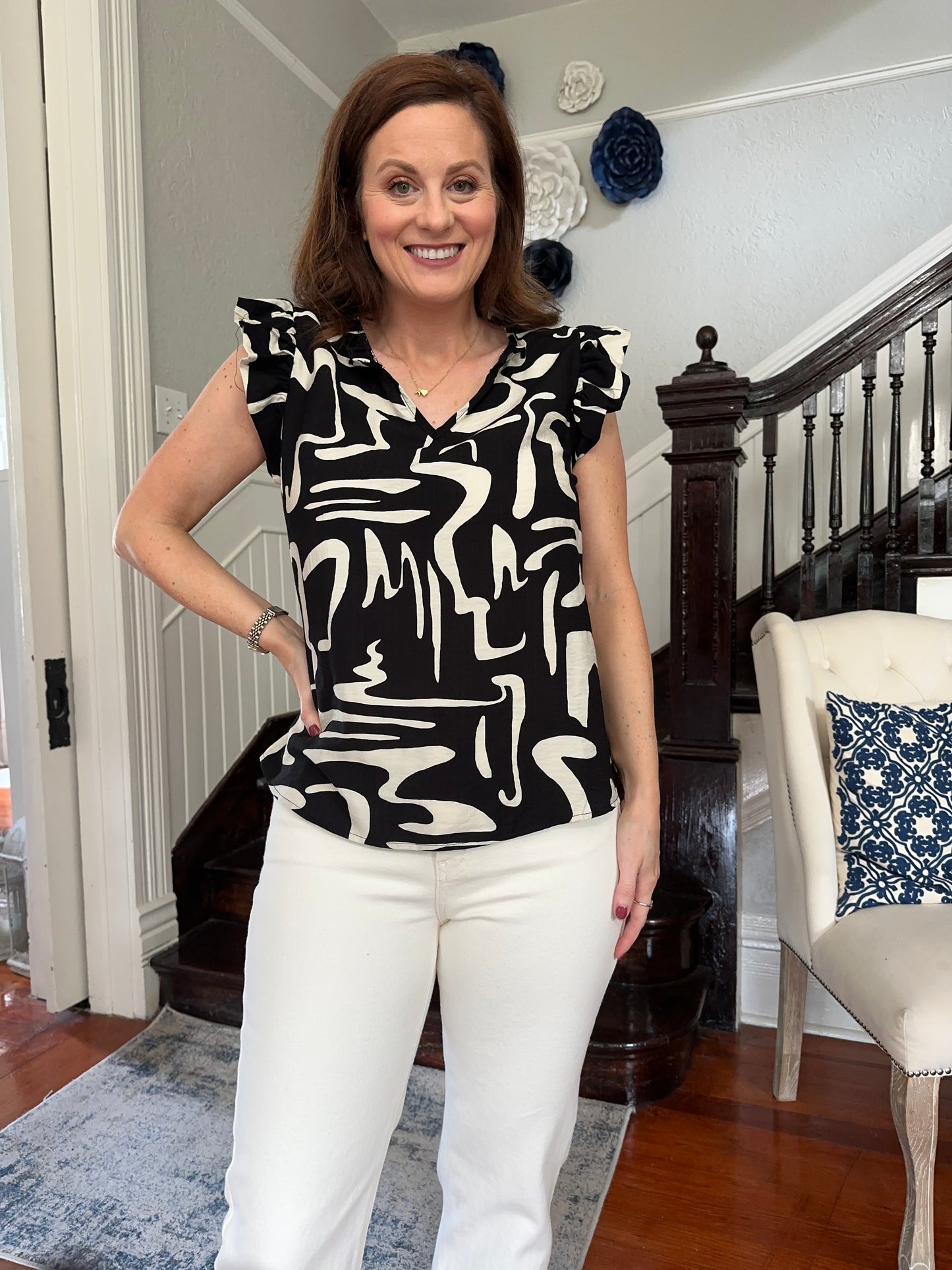 Black/White Ruffled V Neck Top