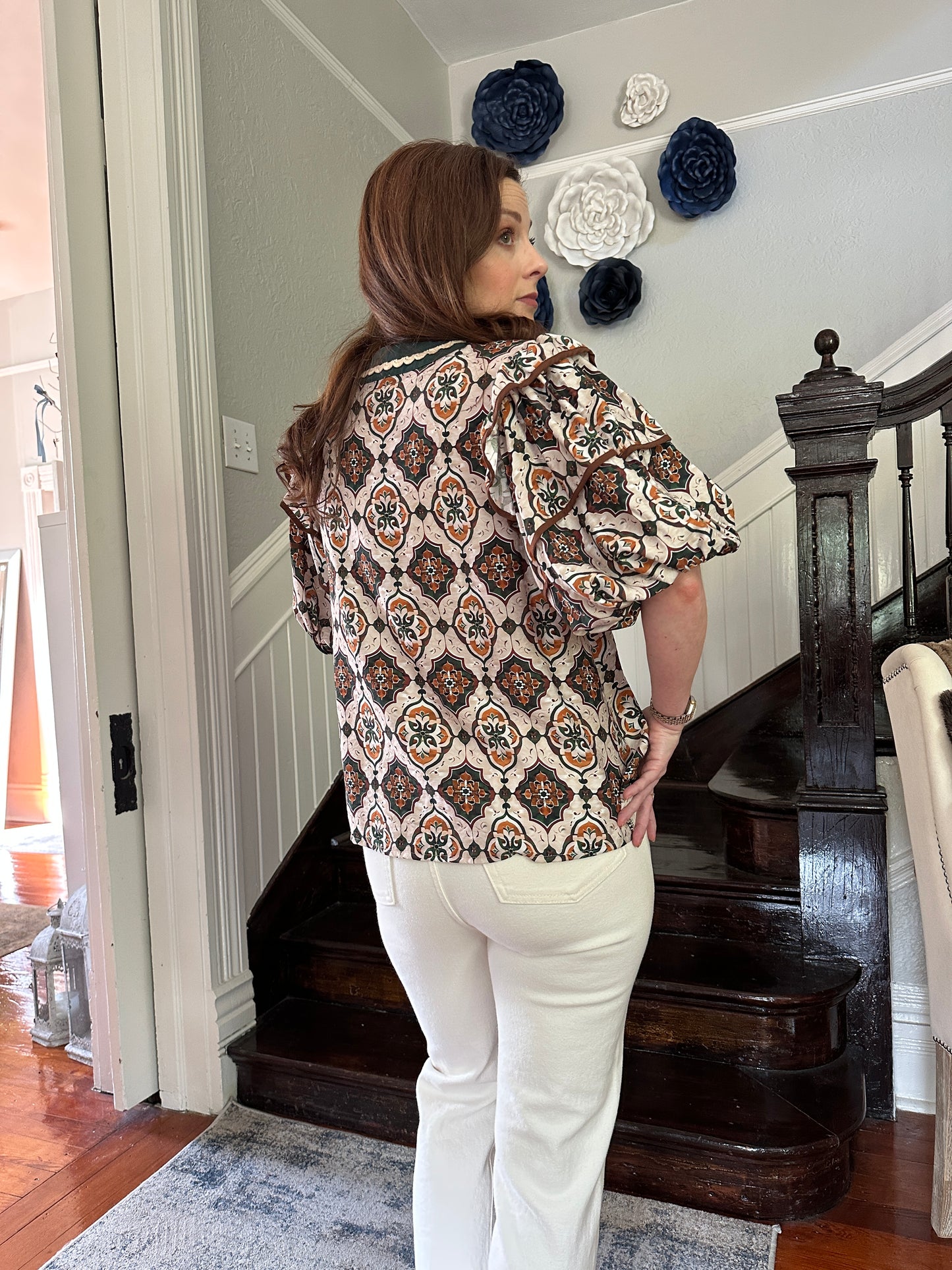 Green Aztec print blouse