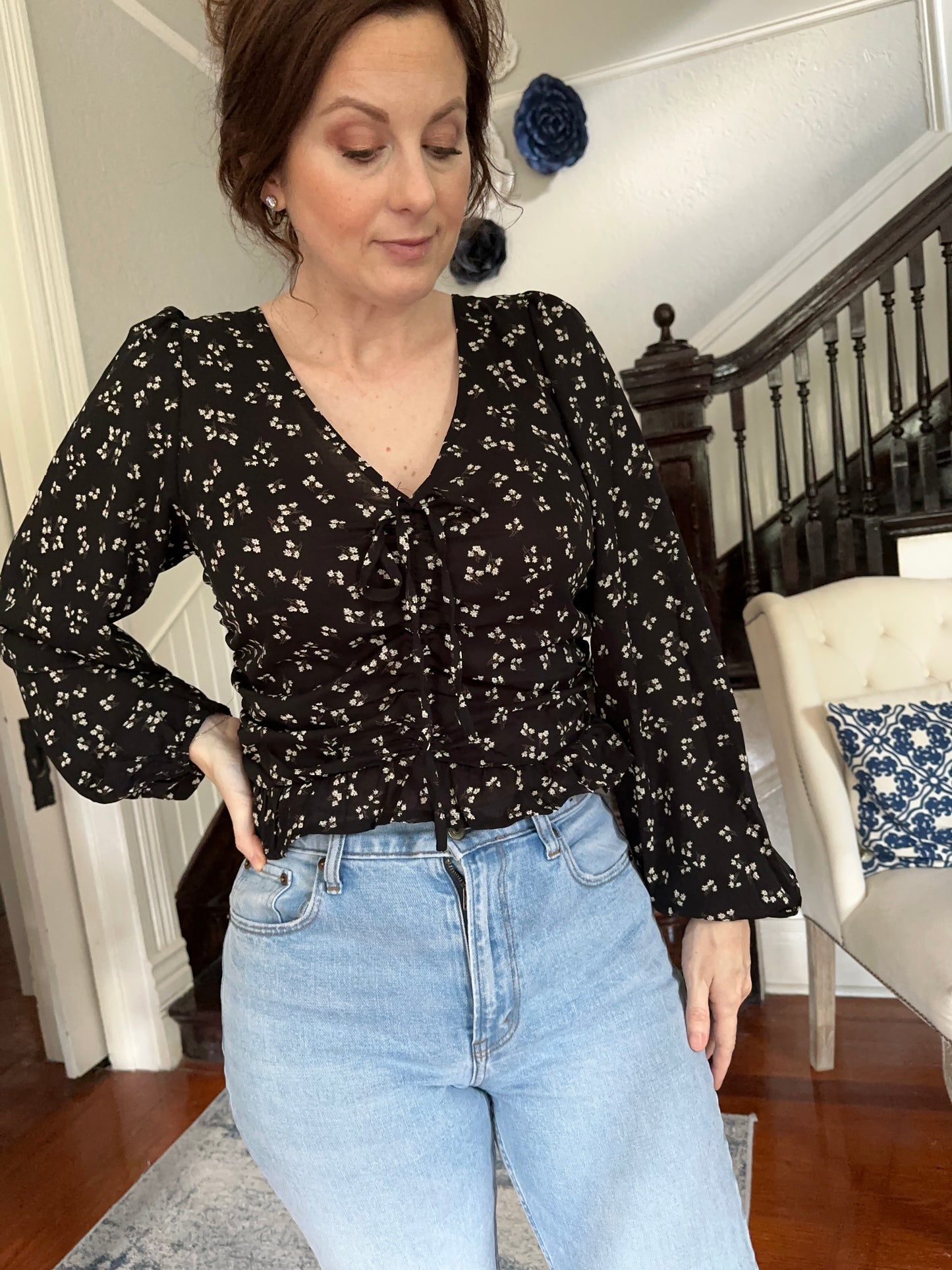 Black Floral Rouch Long Sleeve Top