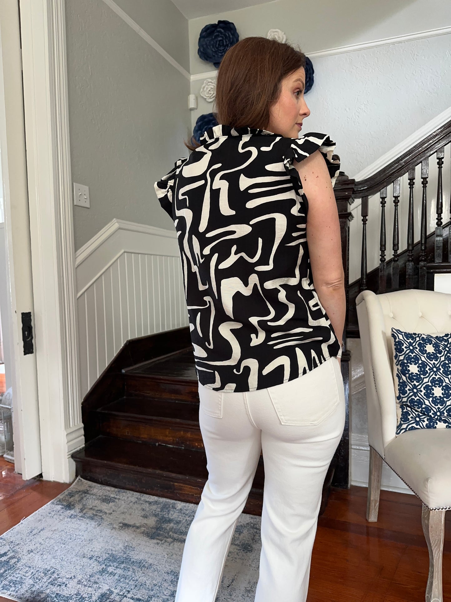 Black/White Ruffled V Neck Top