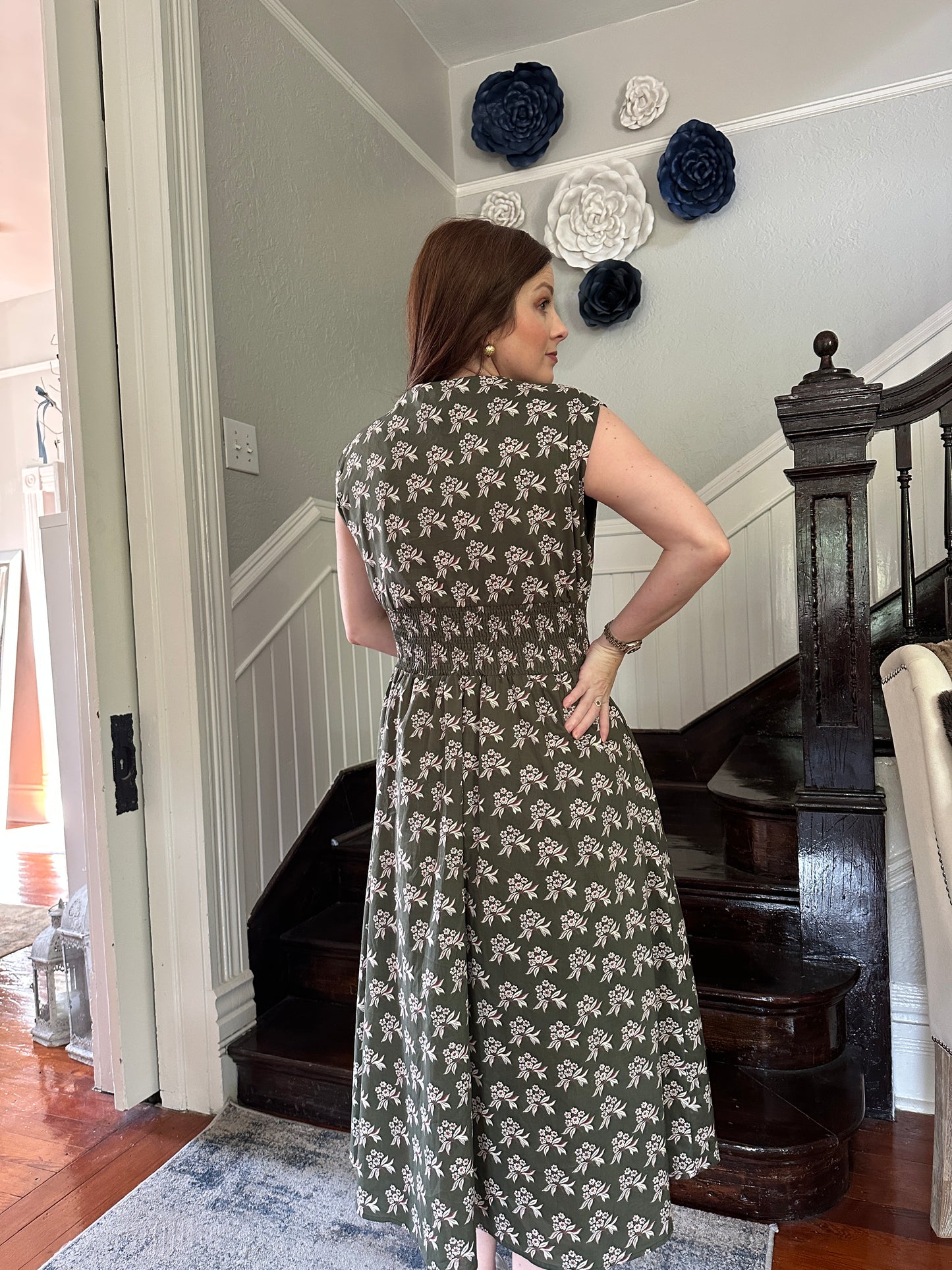 Olive Floral Midi Zip Dress