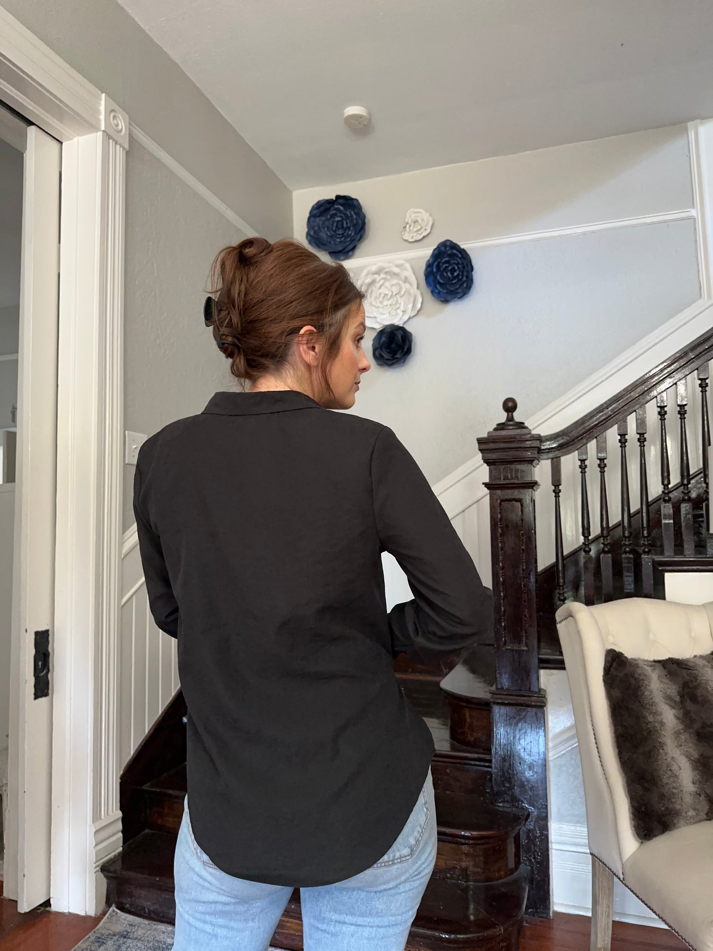 Black Long Sleeve Tie Front Top
