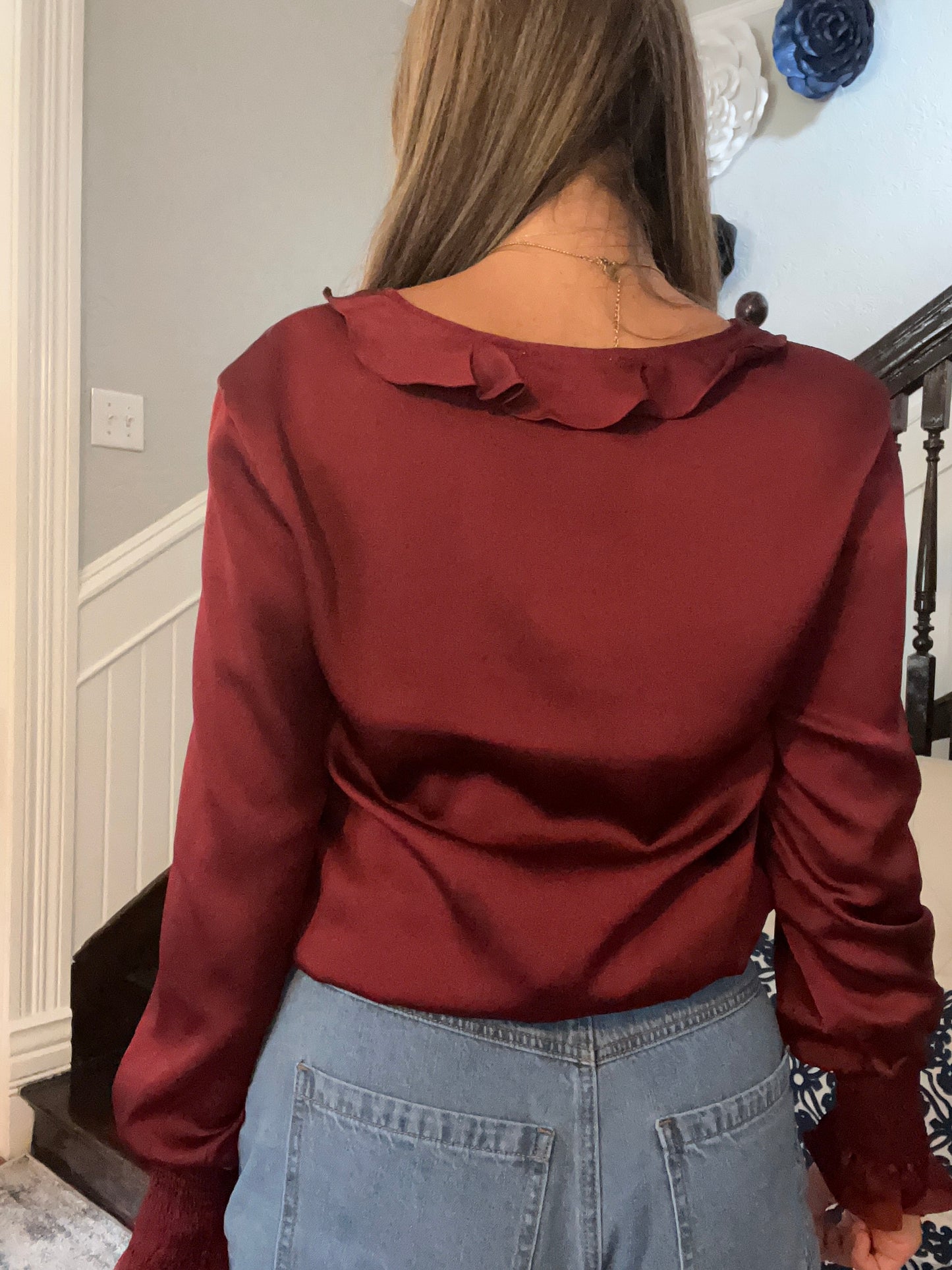 Wine Ruffle Satin Bodysuit