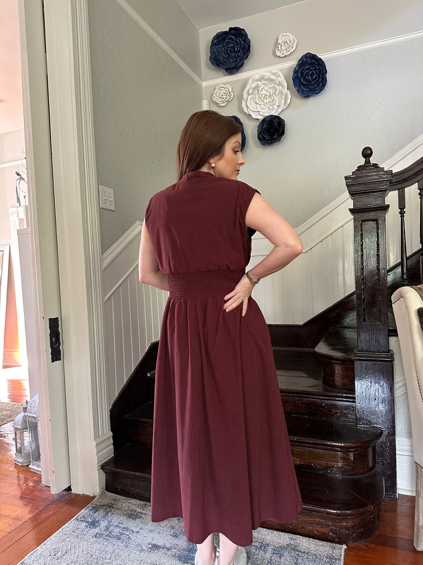 Wine Corduroy Zip Up Dress