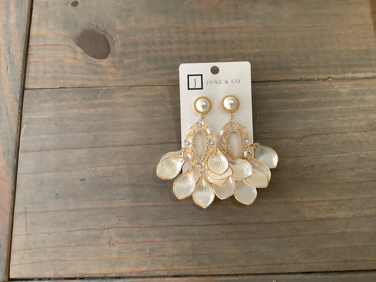 Iridescent white and gold statement drop earrings