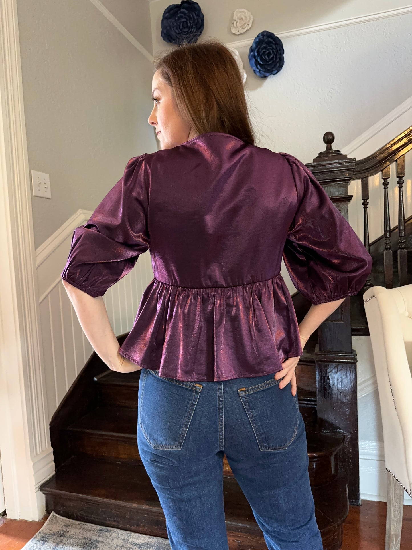 Purple Puff LS Tie Front Top