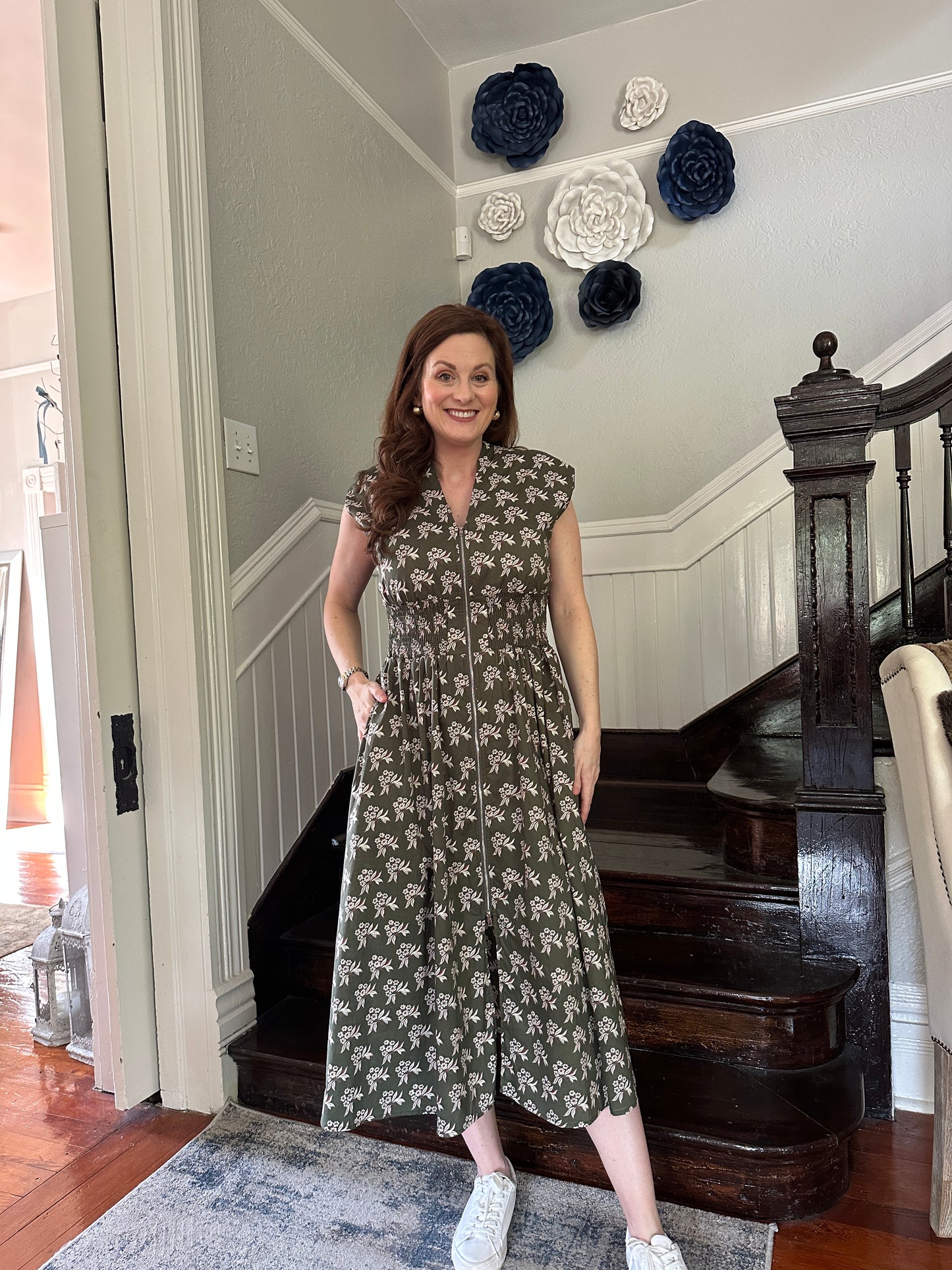 Olive Floral Midi Zip Dress