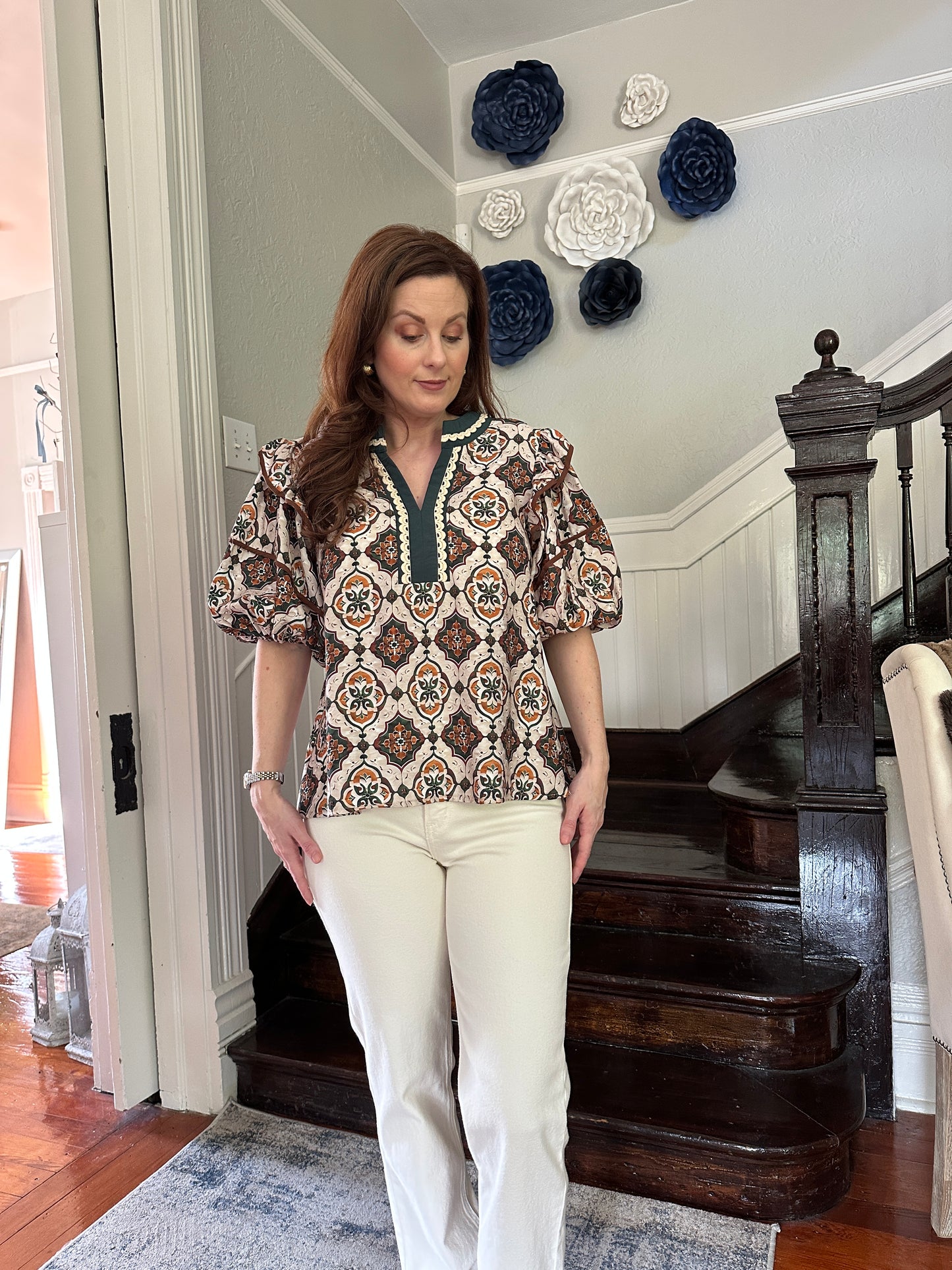 Green Aztec print blouse