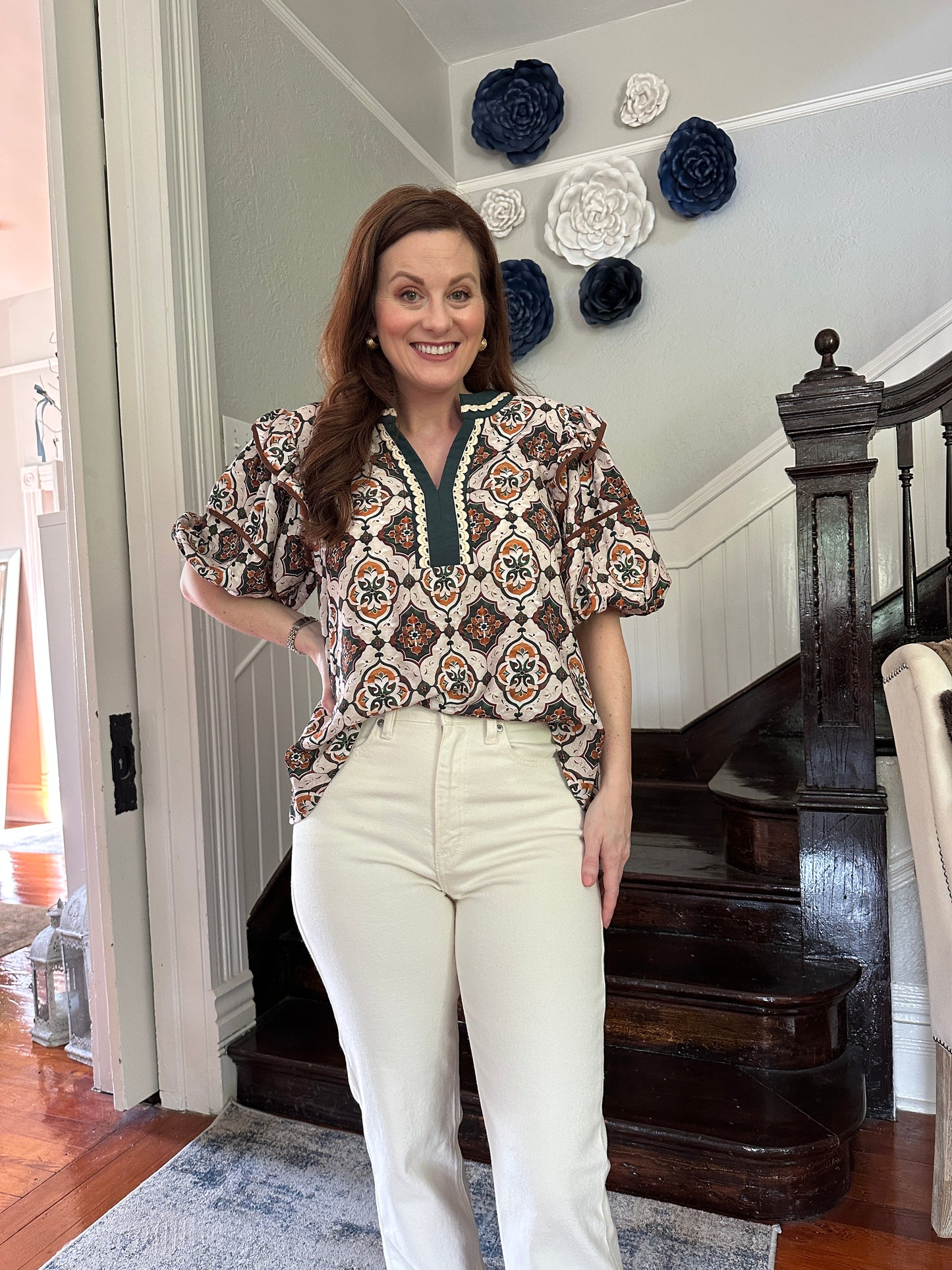 Green Aztec print blouse