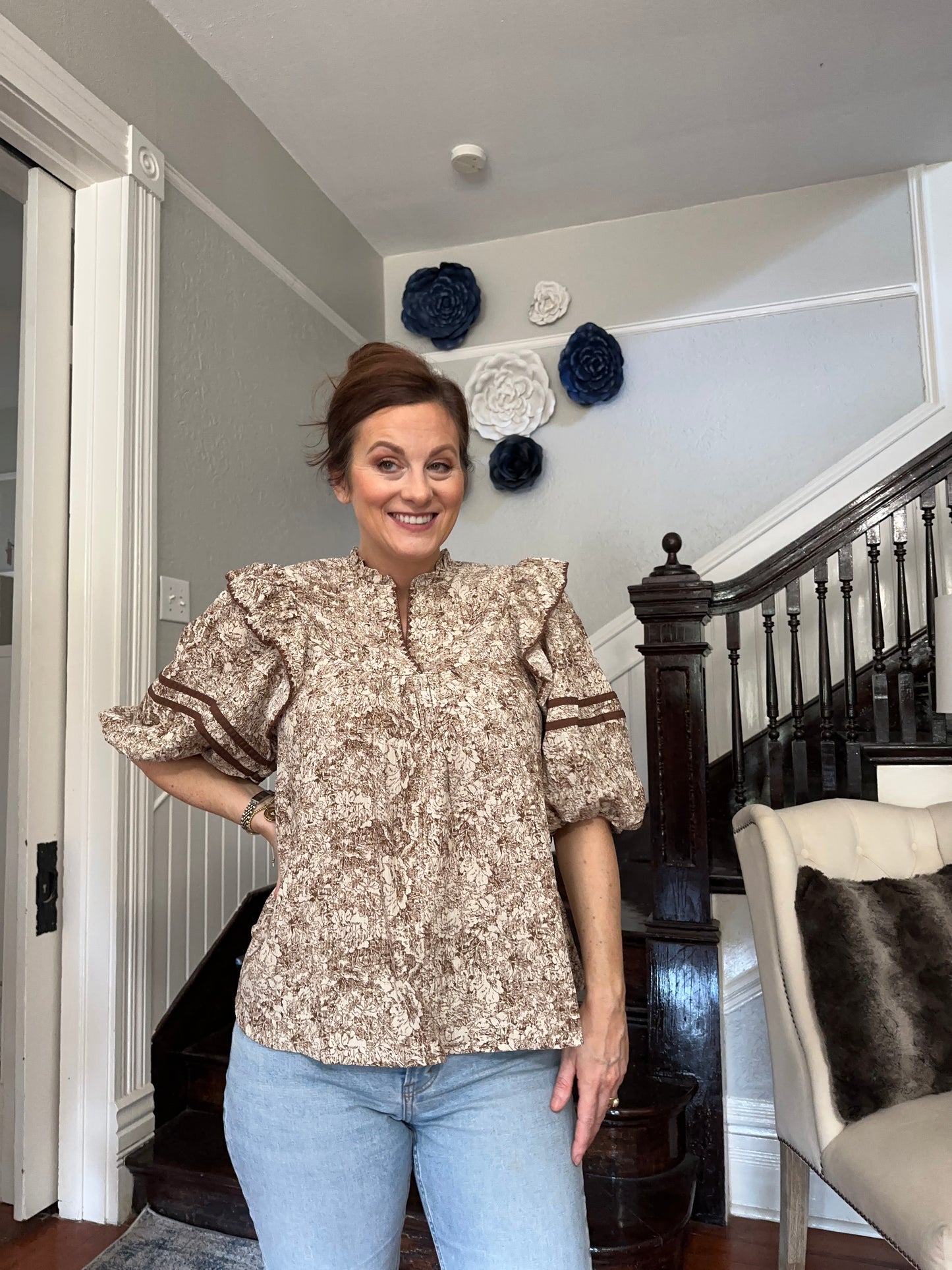 Brown 3/4 Sleeve Floral top