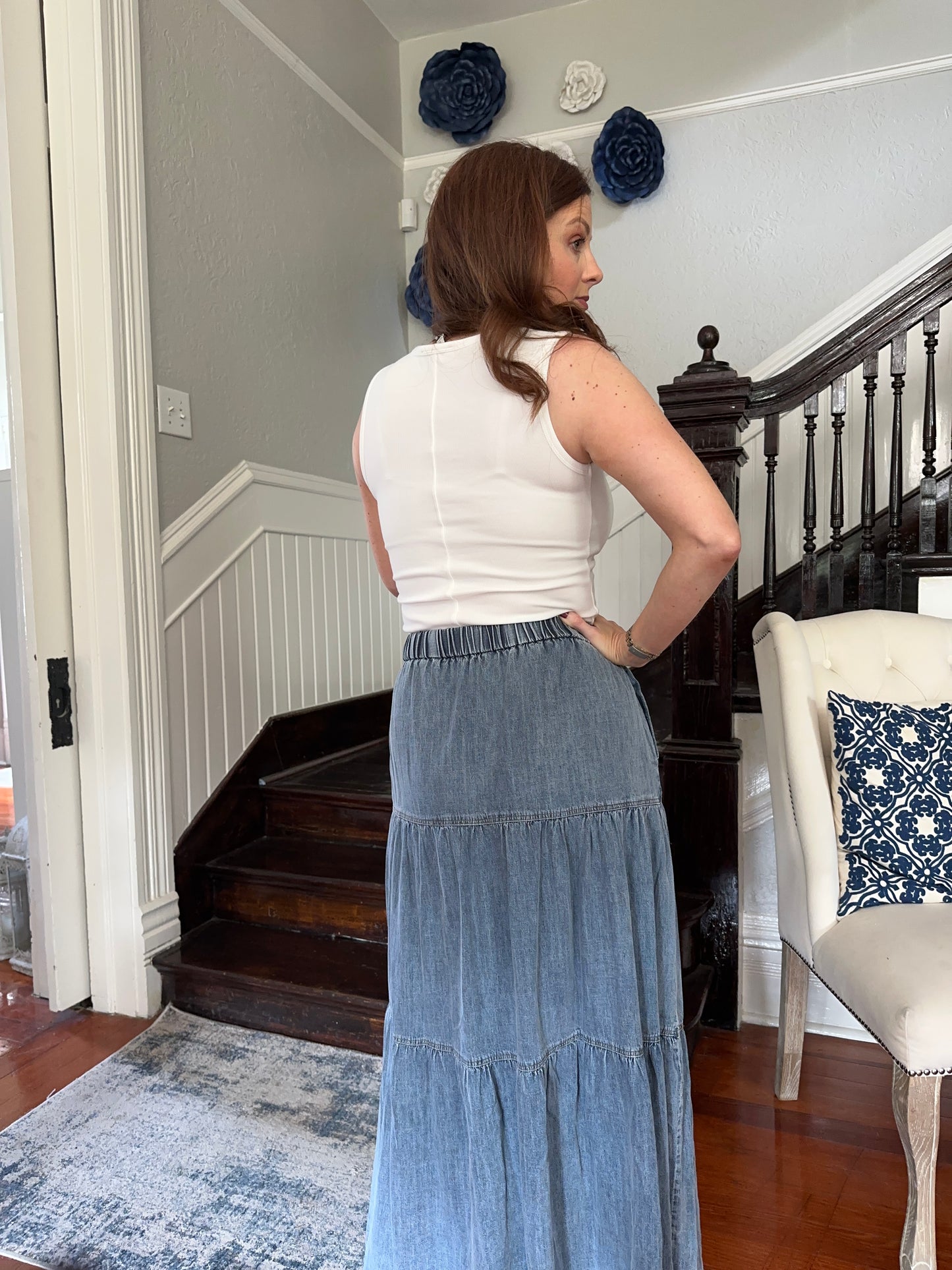 Denim Tiered Maxi Skirt