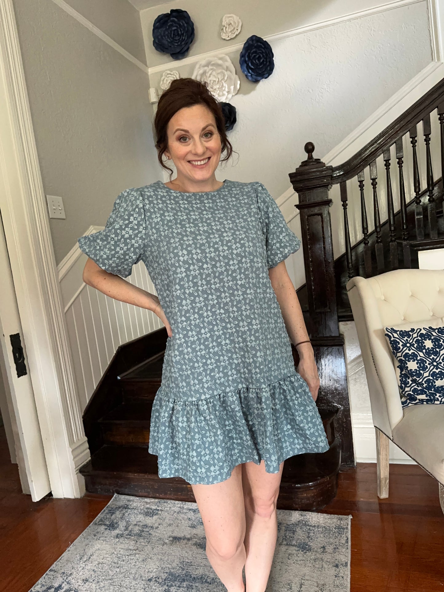 Slate Blue Floral Jacquard Dress