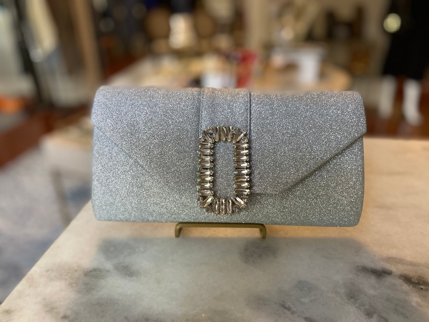 Silver Sparkle evening clutch with jeweled closer