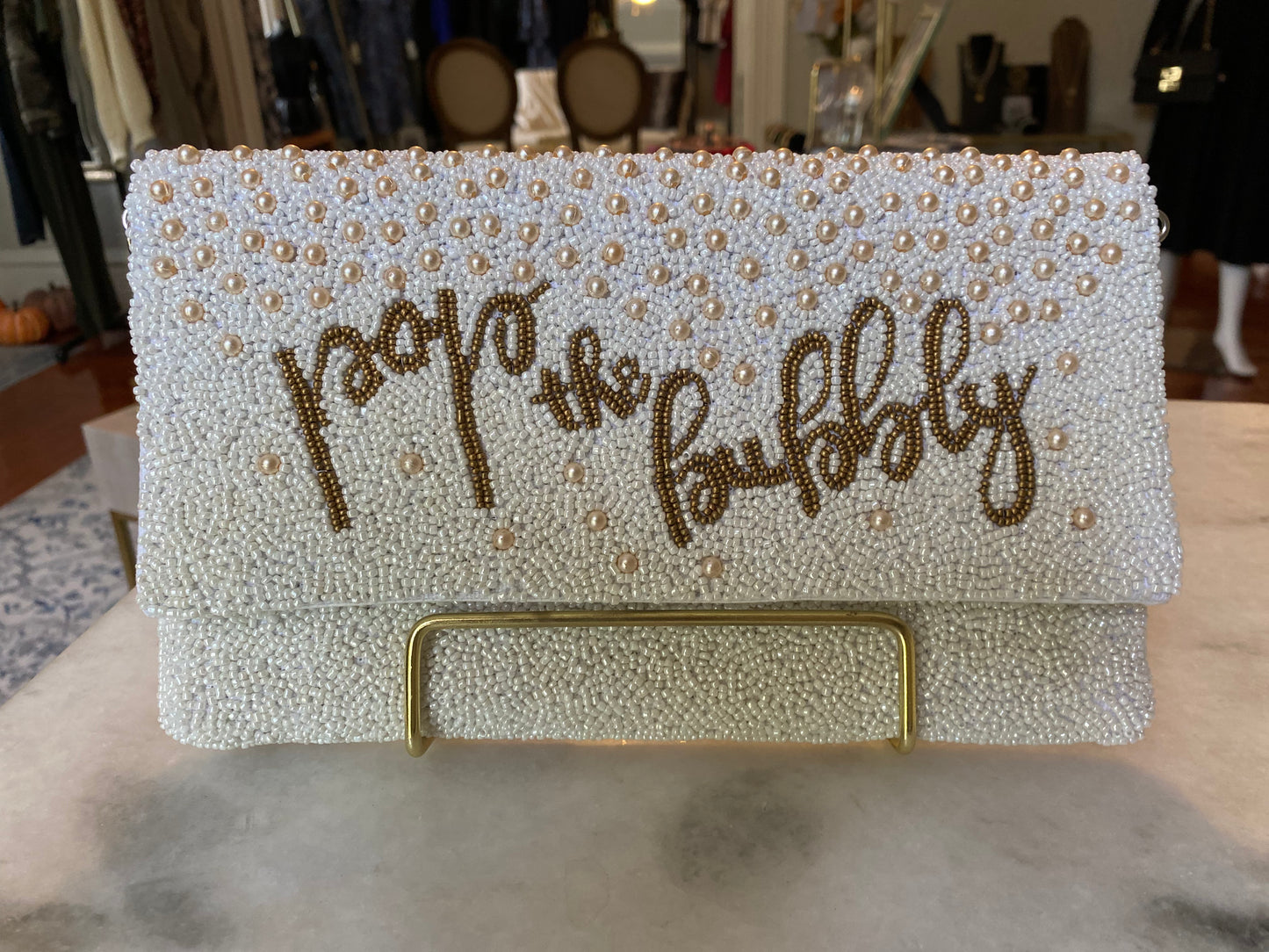POP THE BUBBLY beaded Clutch