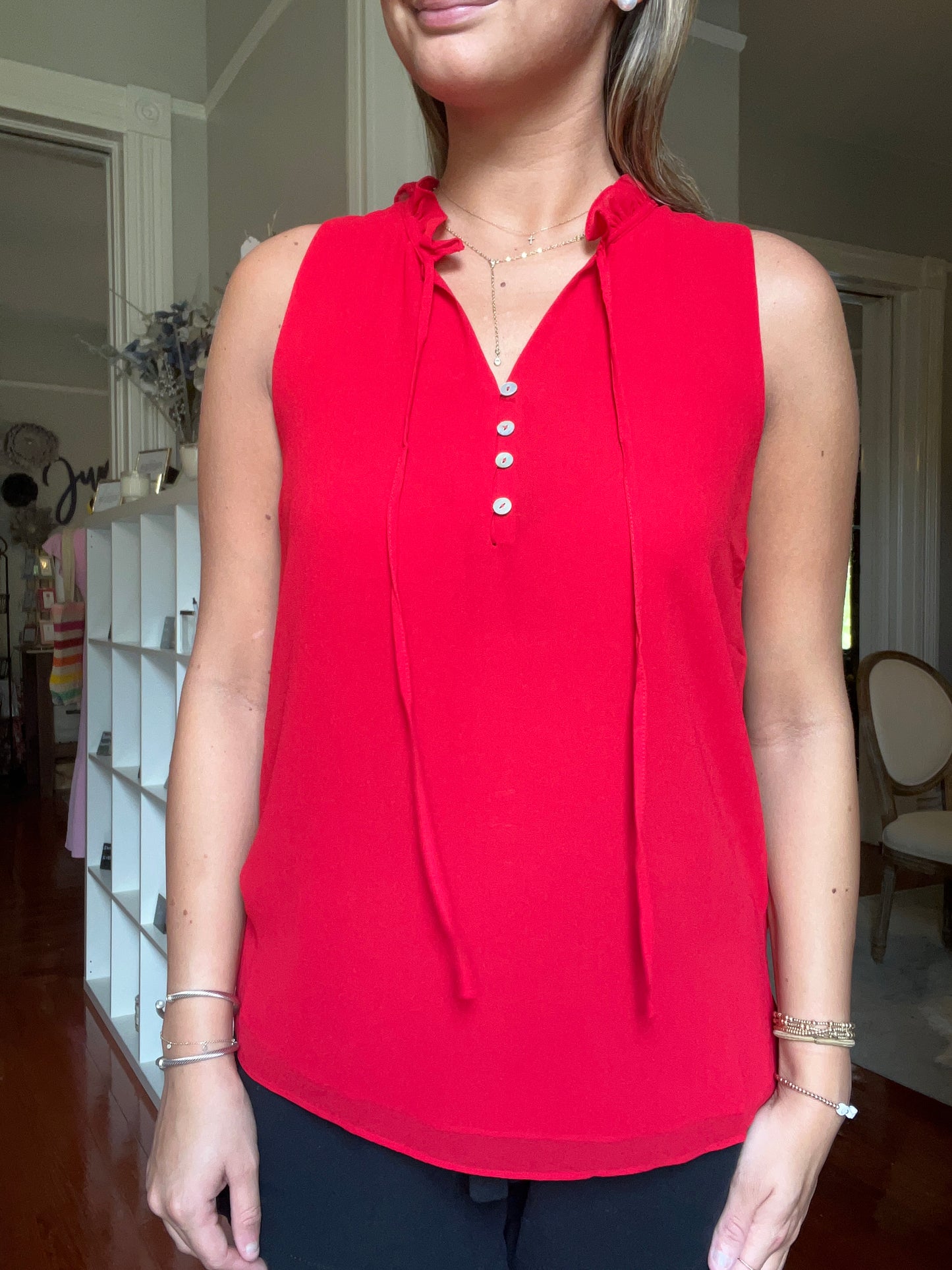 Red Button Up Sleeveless Blouse w/Ruffle Mock Collar