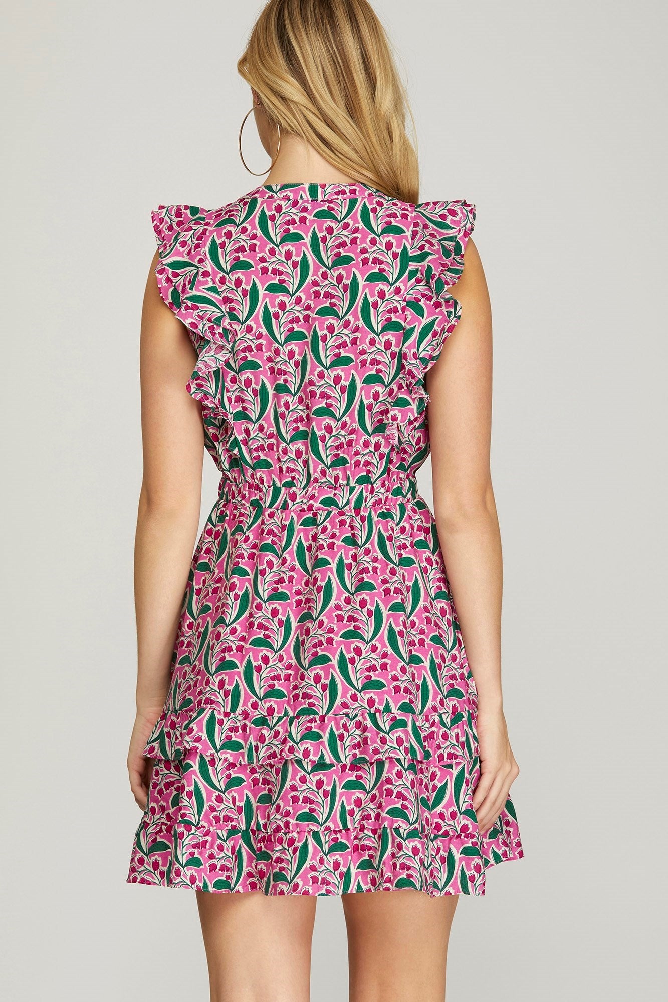 Pink Green Floral Ruffle Dress