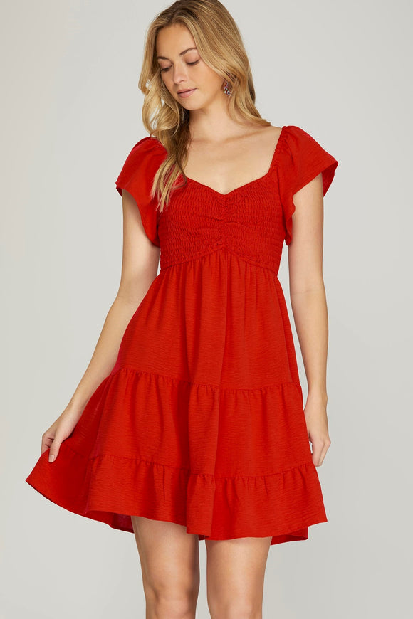 Red Flutter Sleeve Smock Dress