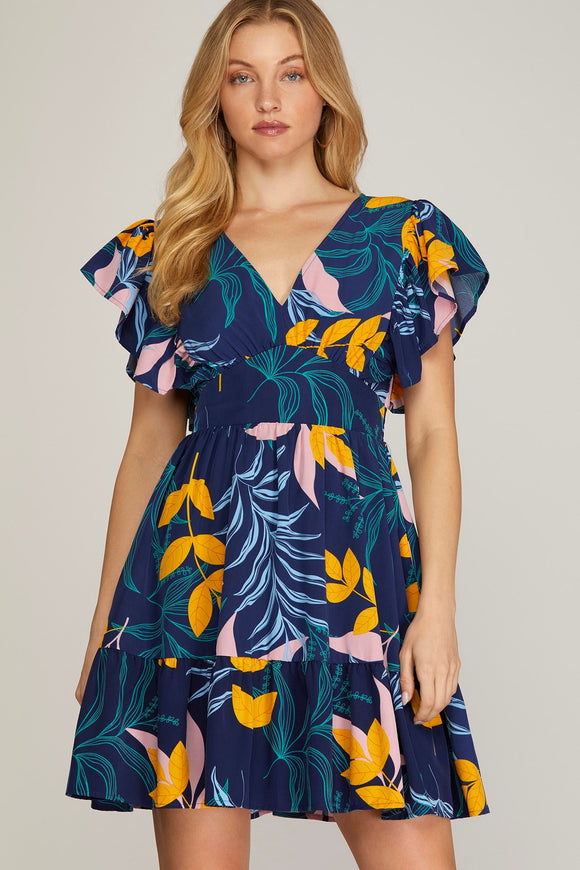 Navy Tropical Print Dress