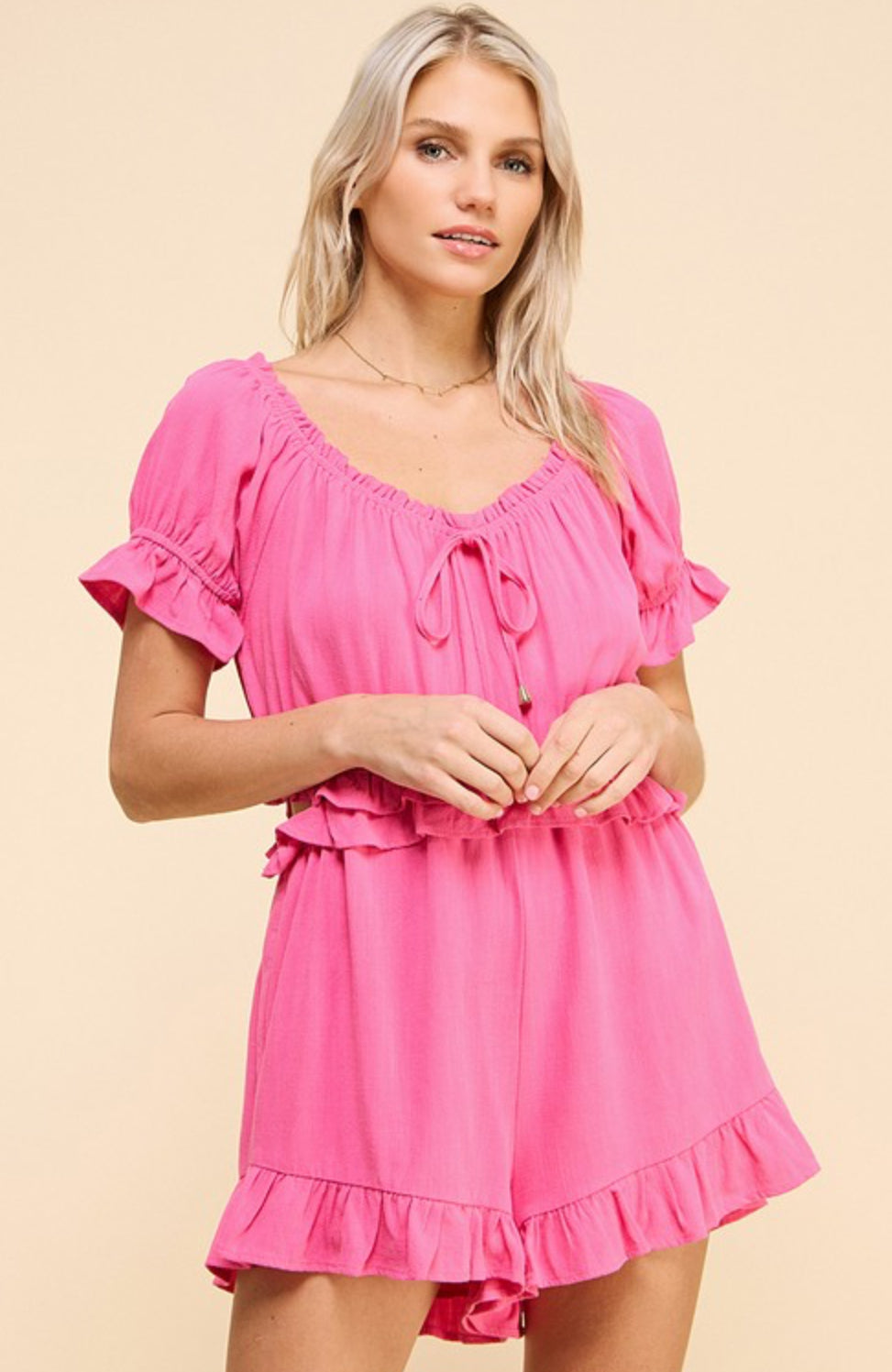 hot pink linen romper