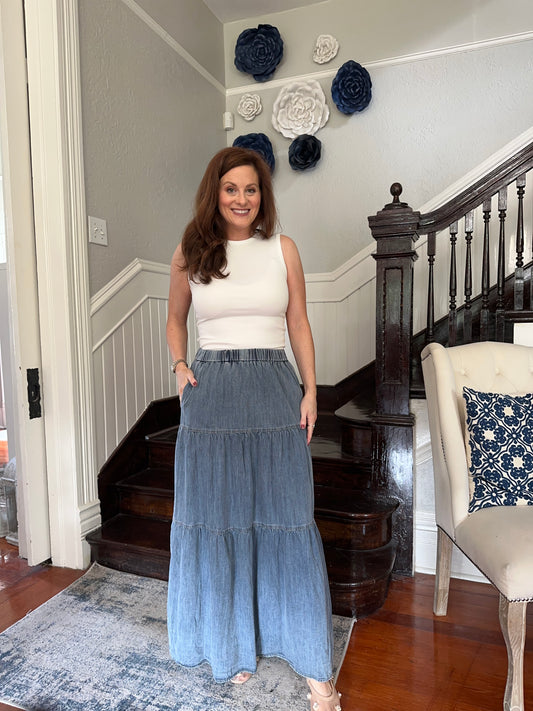 Denim Tiered Maxi Skirt