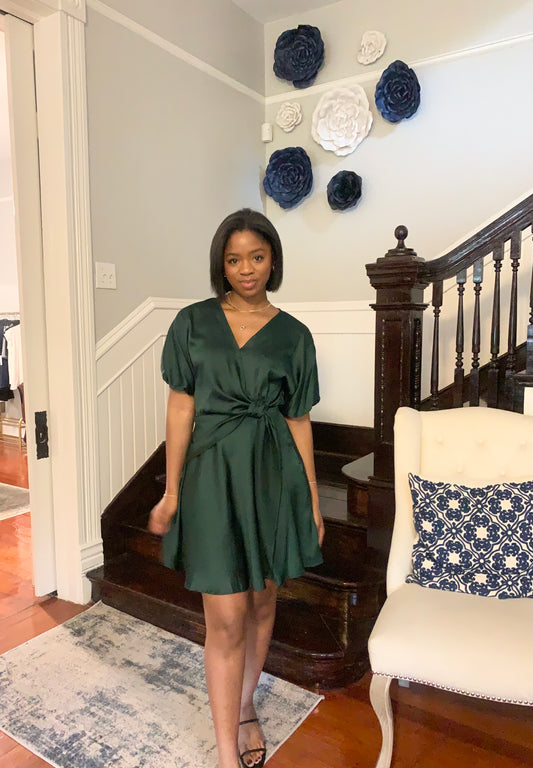 Hunter Green Satin Wrap Dress