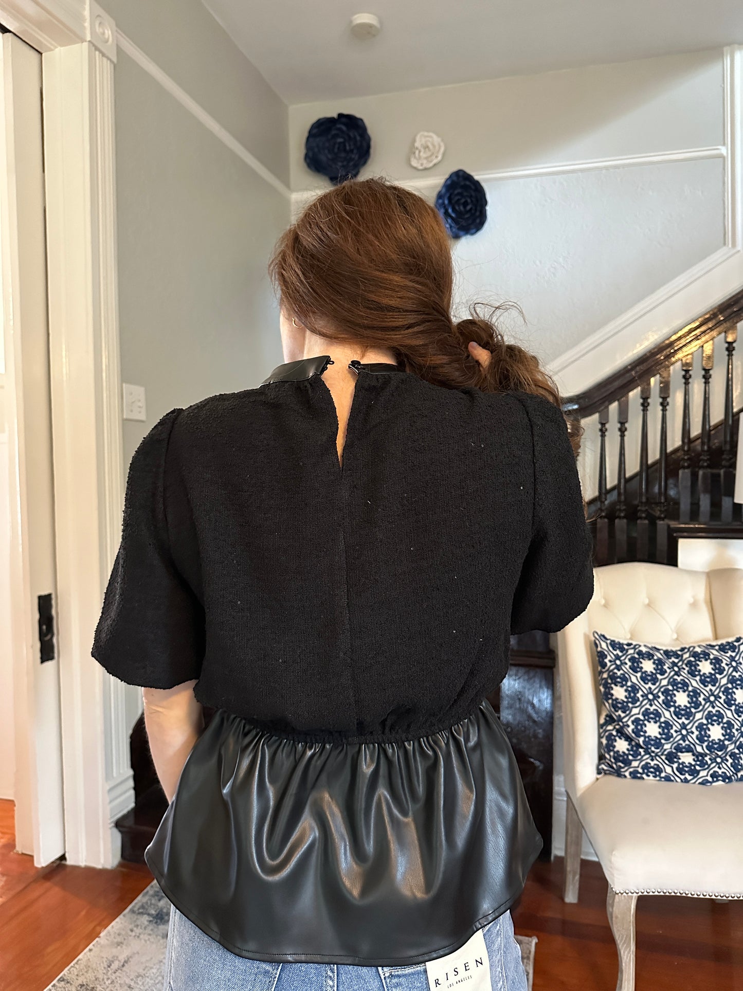 Black Tweed/faux Leather Peplum Top