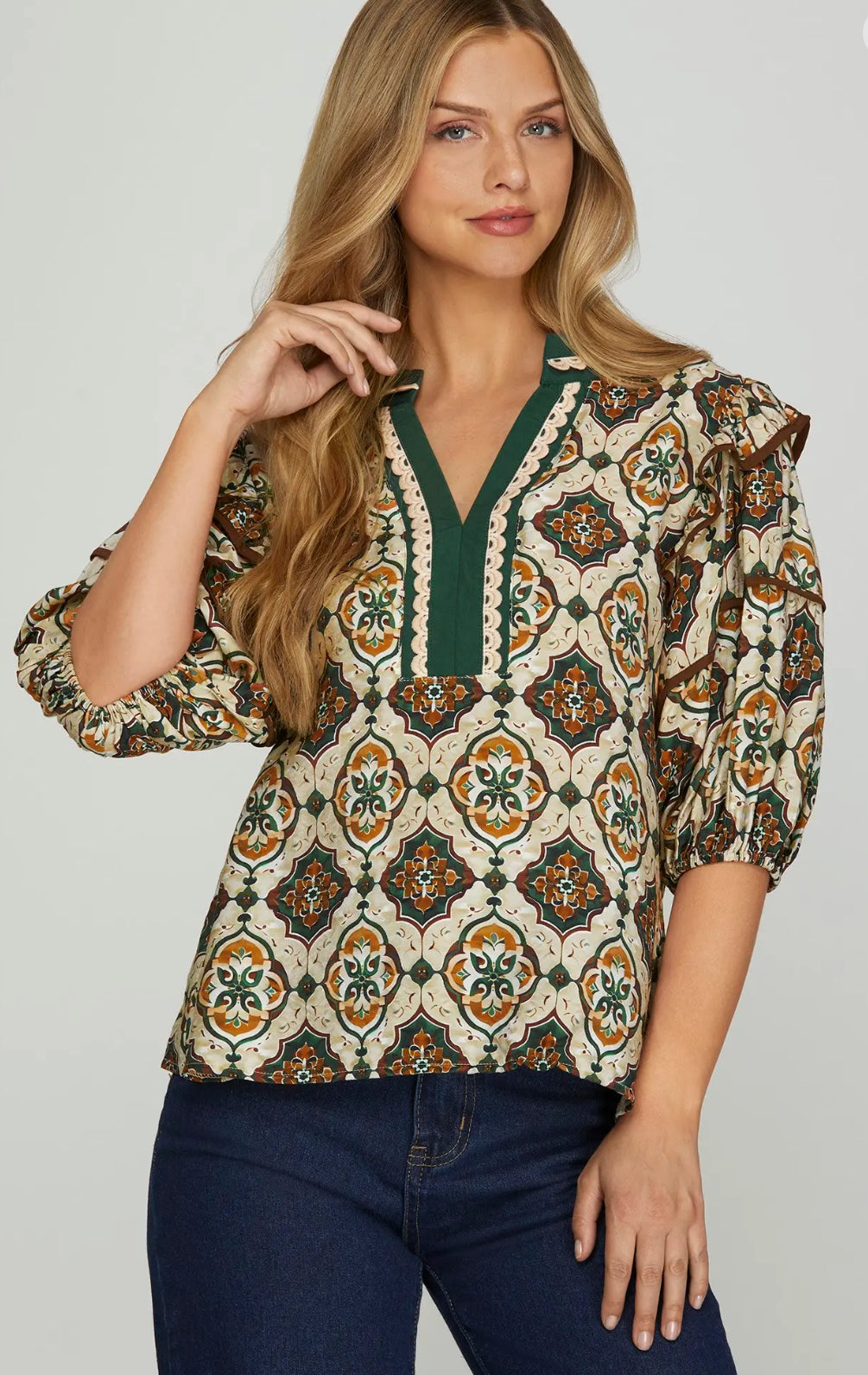 Green Aztec print blouse