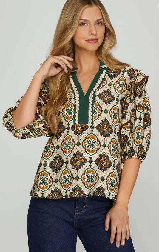 Green Aztec print blouse