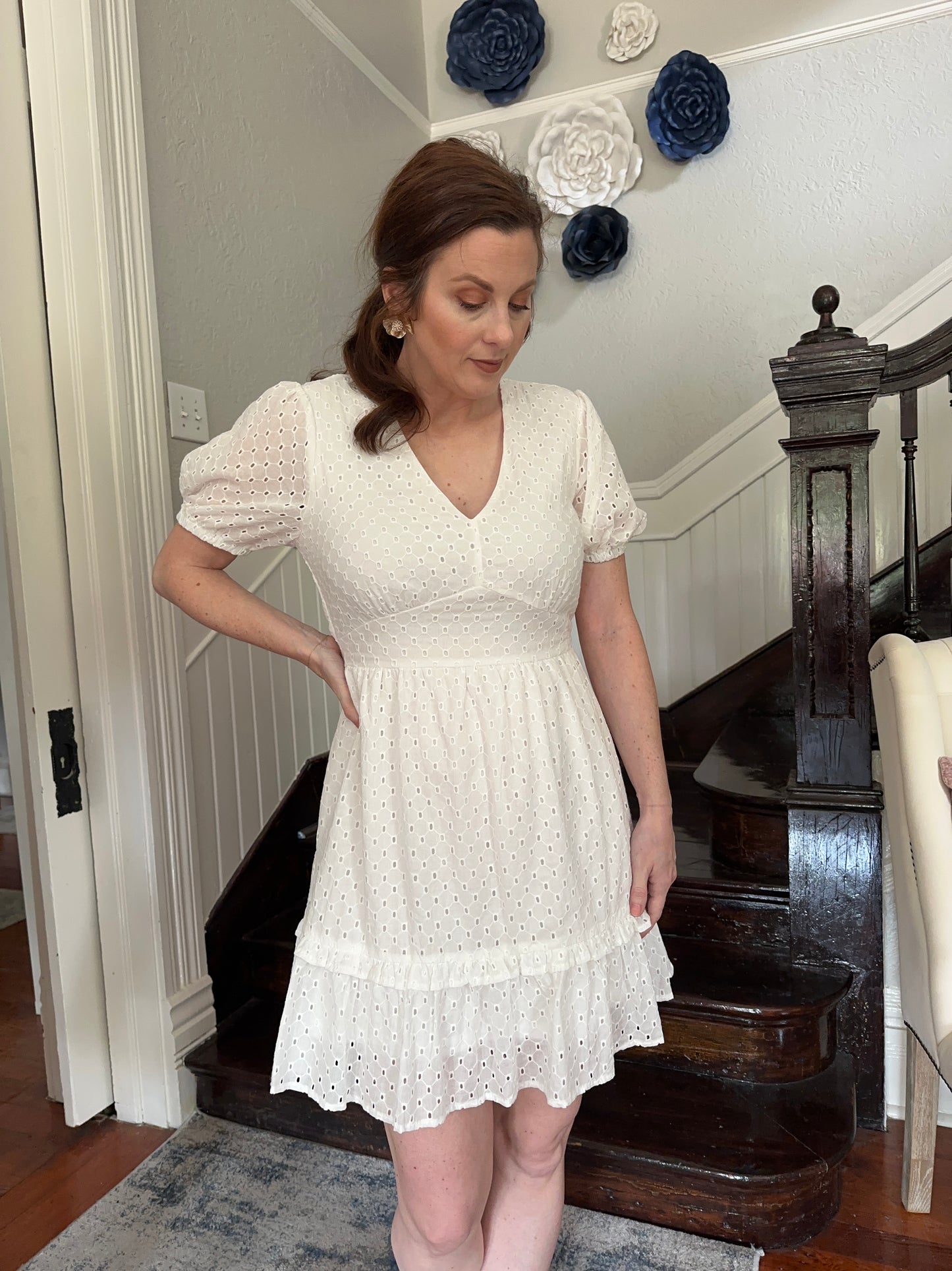 Off White Puff Sleeve Eyelet Dress